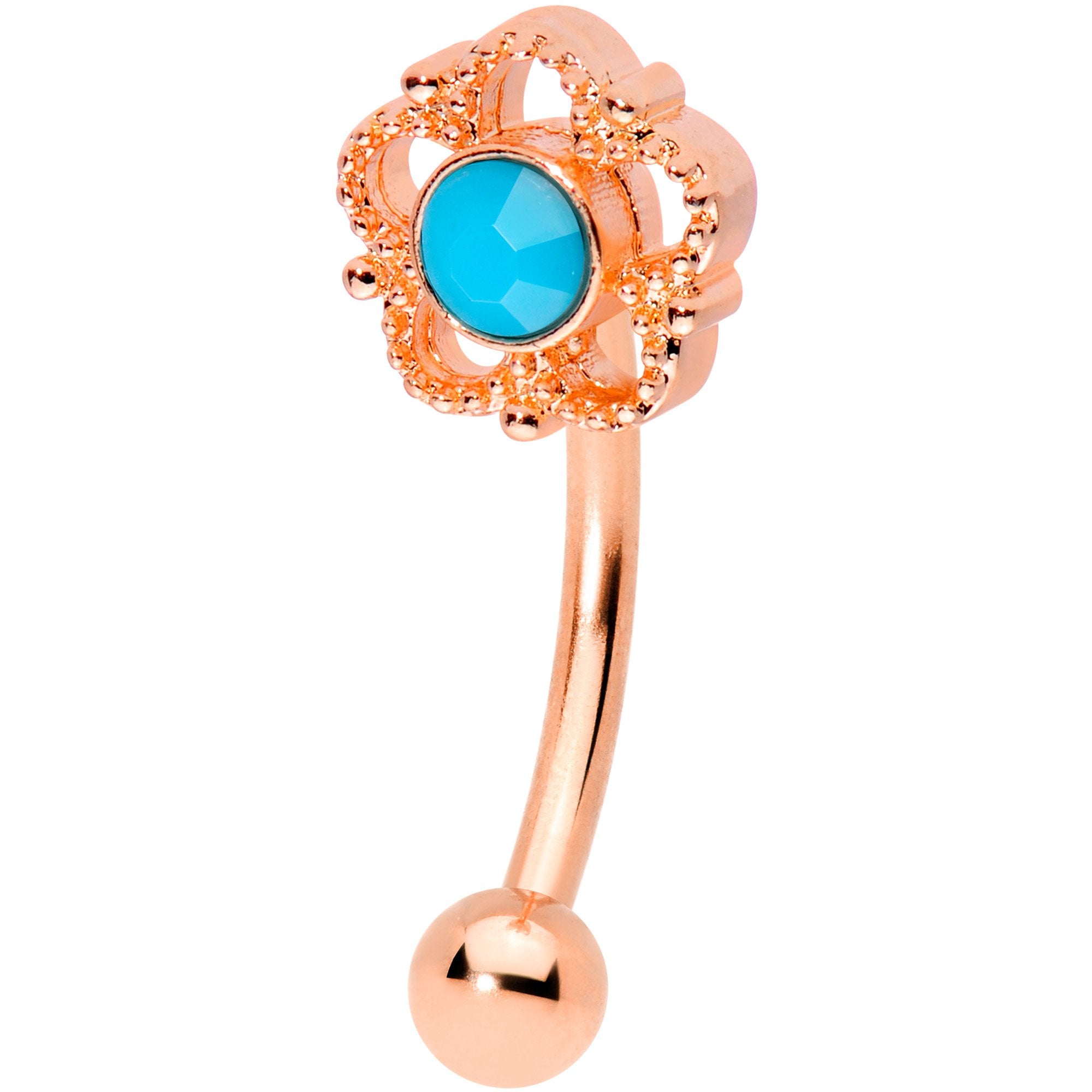16G 5/16 Faux Turquoise Rose Gold Tone Flower Curved Eyebrow Ring