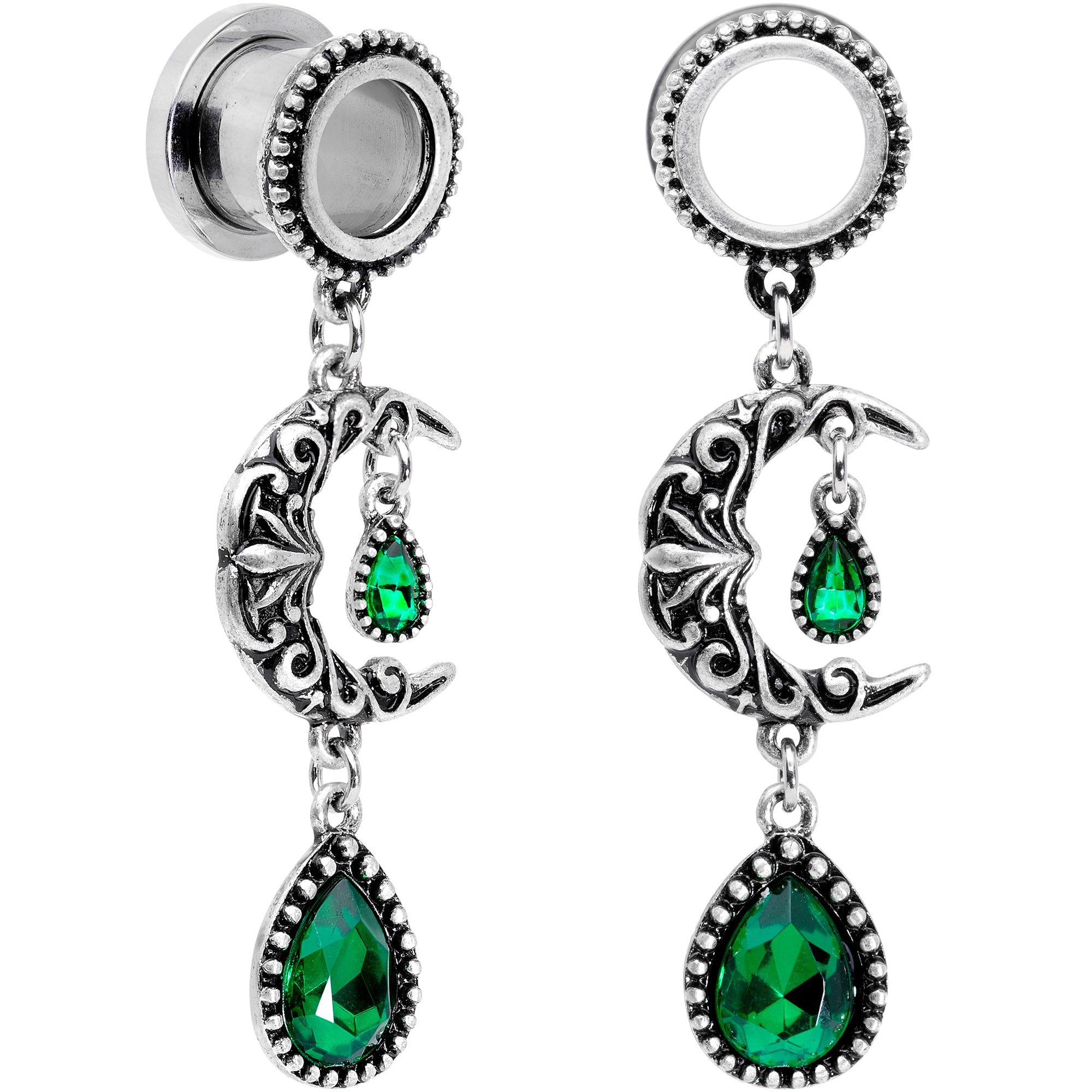 Green Gem Crescent Moon Dangle Screw Fit Tunnel Plug Set 6mm to 16mm