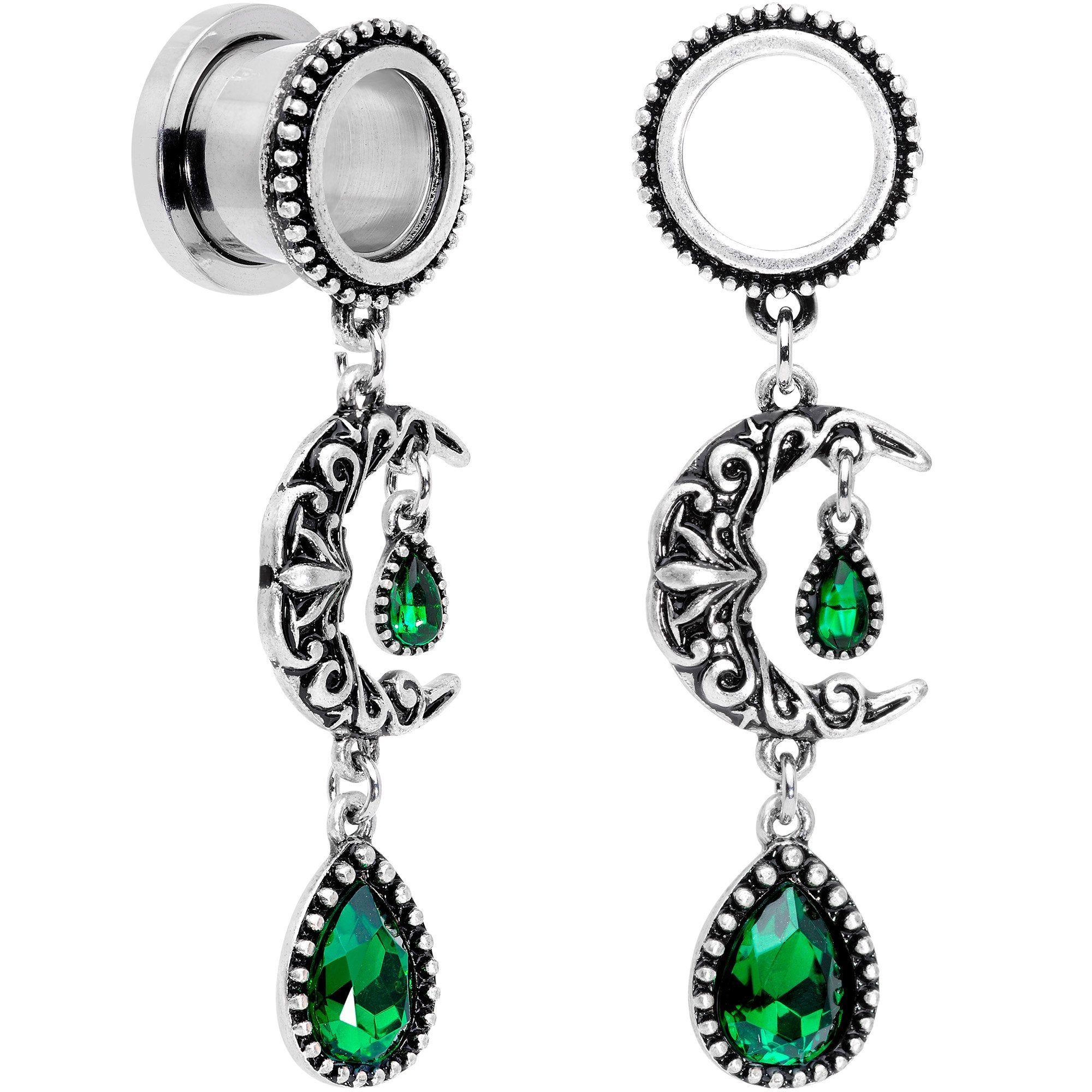 Green Gem Crescent Moon Dangle Screw Fit Tunnel Plug Set 6mm to 16mm