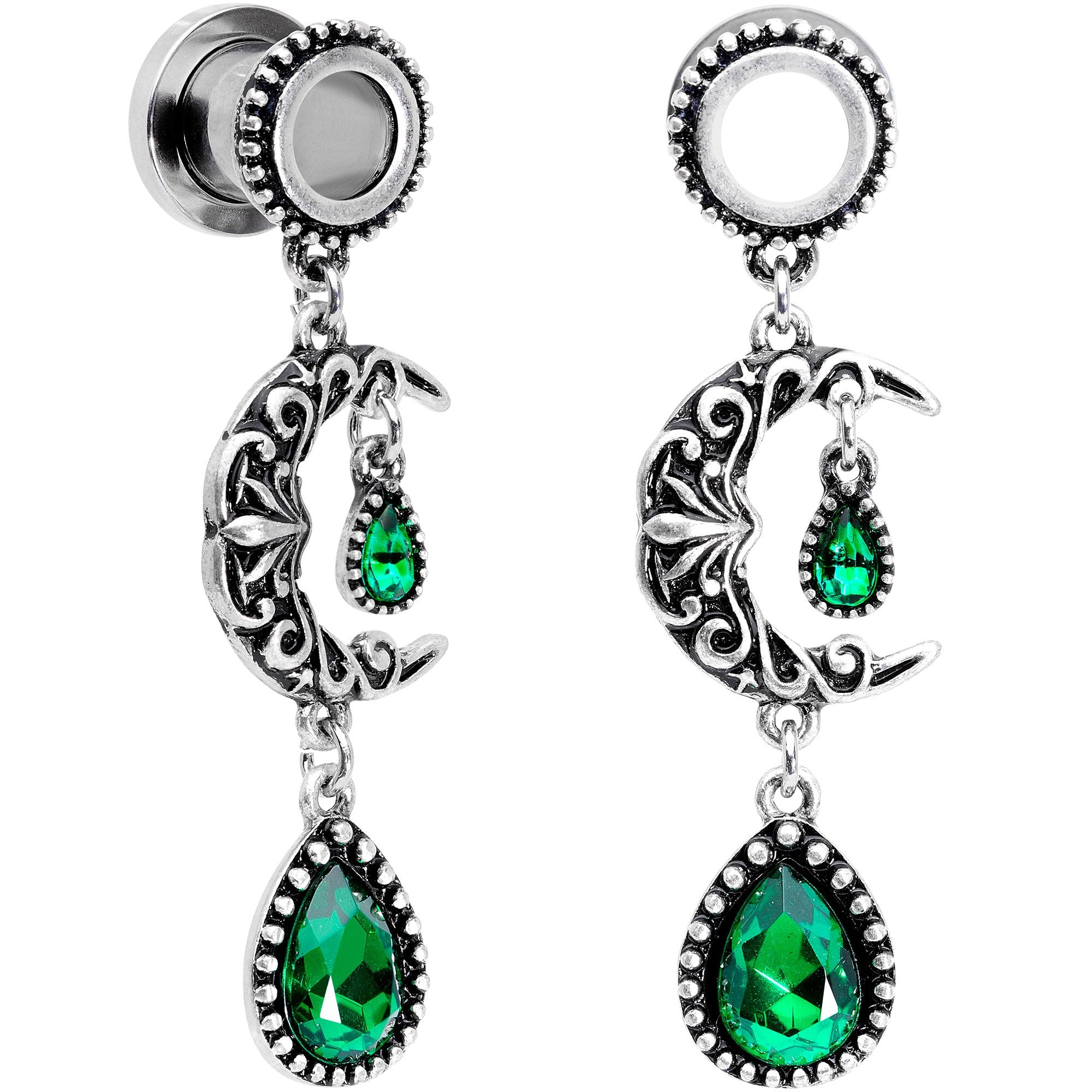 Green Gem Crescent Moon Dangle Screw Fit Tunnel Plug Set 6mm to 16mm