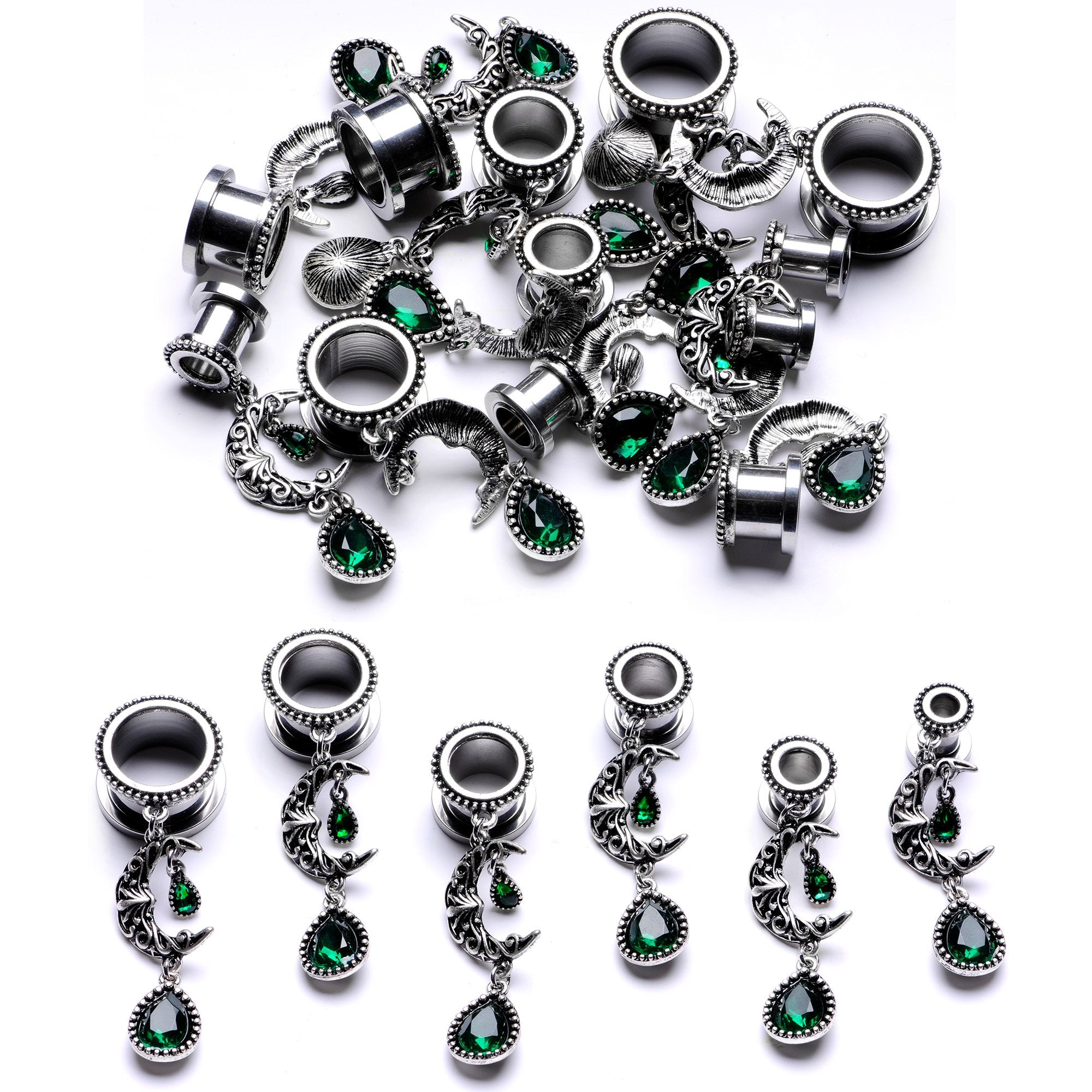 Green Gem Crescent Moon Dangle Screw Fit Tunnel Plug Set 6mm to 16mm