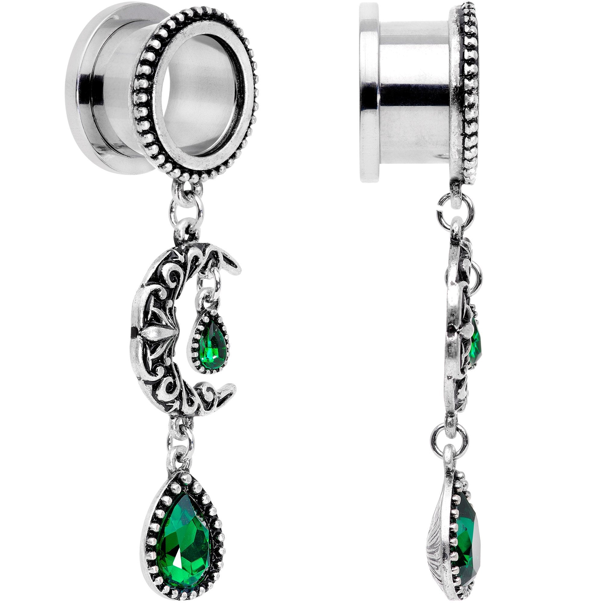 Green Gem Crescent Moon Dangle Screw Fit Tunnel Plug Set 6mm to 16mm