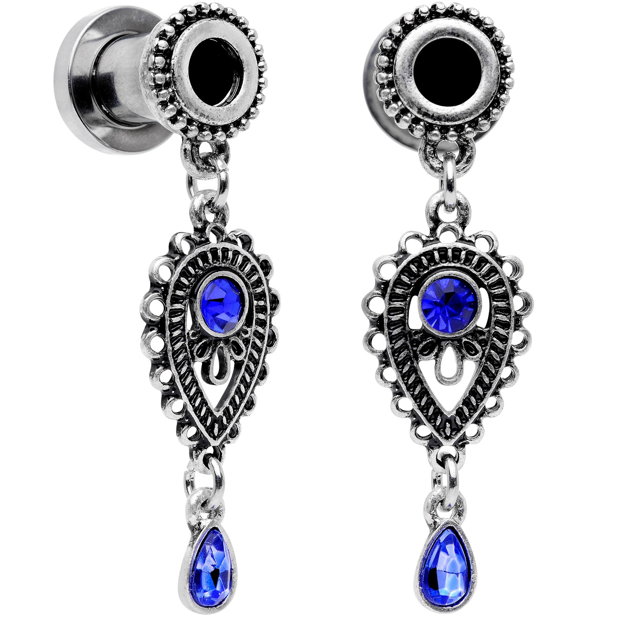 Blue Gem Filigree Drop Dangle Screw Fit Tunnel Plug Set 6mm to 16mm