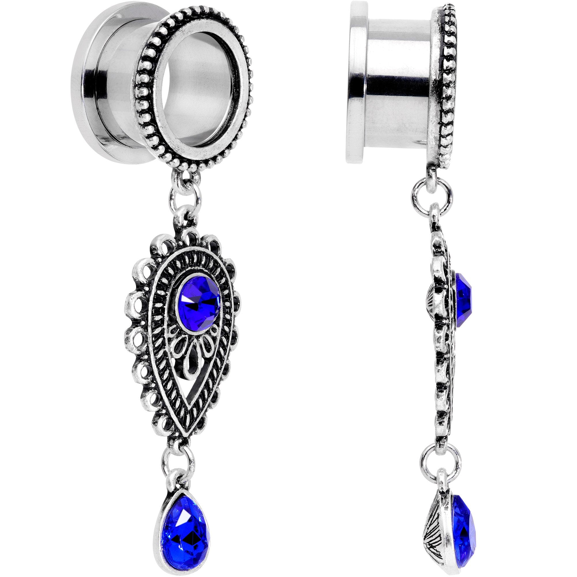 Blue Gem Filigree Drop Dangle Screw Fit Tunnel Plug Set 6mm to 16mm