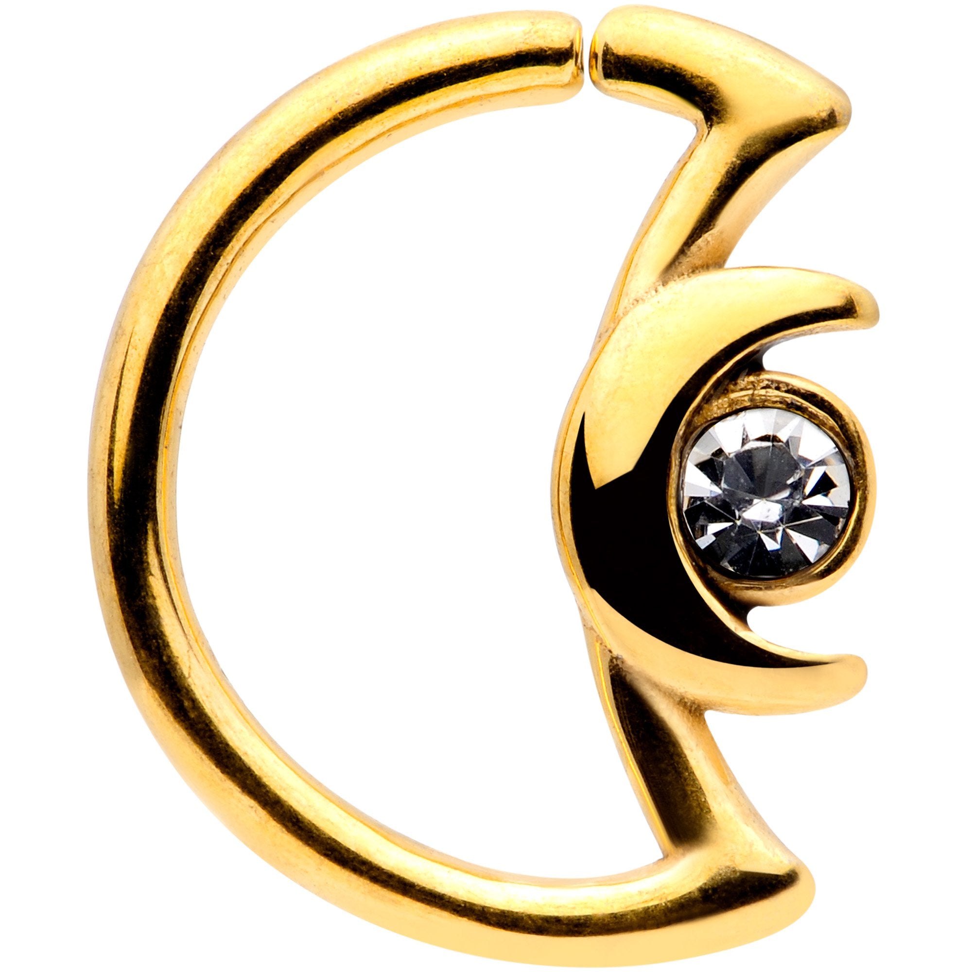 16G 3/8 Clear Gem Gold Tone Crescent Moon Closure Ring