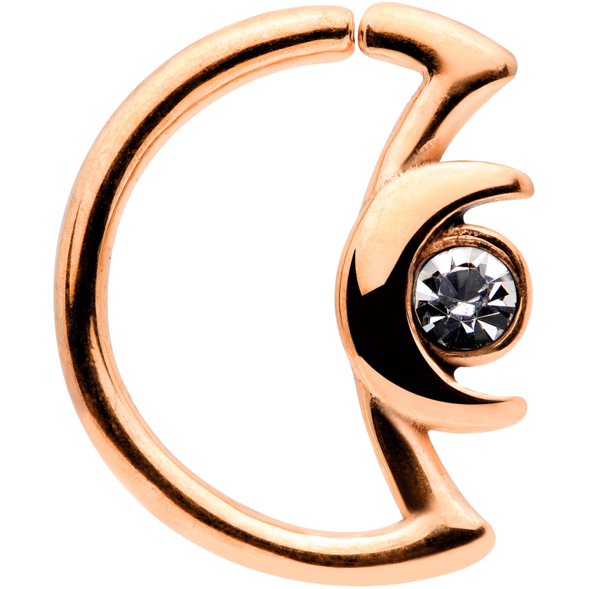 16G 3/8 Clear Gem Rose Gold Tone Crescent Moon Closure Ring