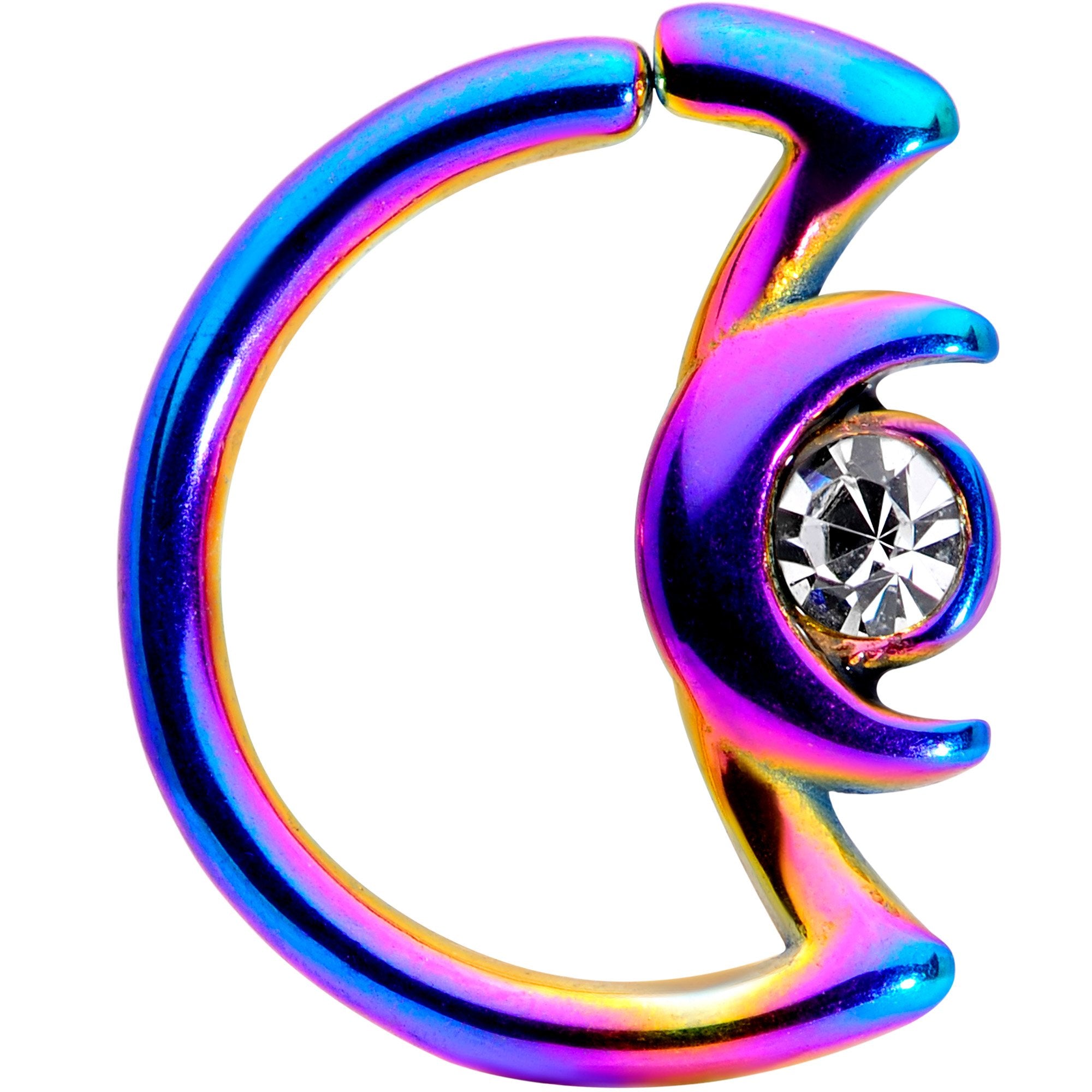 16G 3/8 Clear Gem Rainbow Crescent Moon Closure Ring