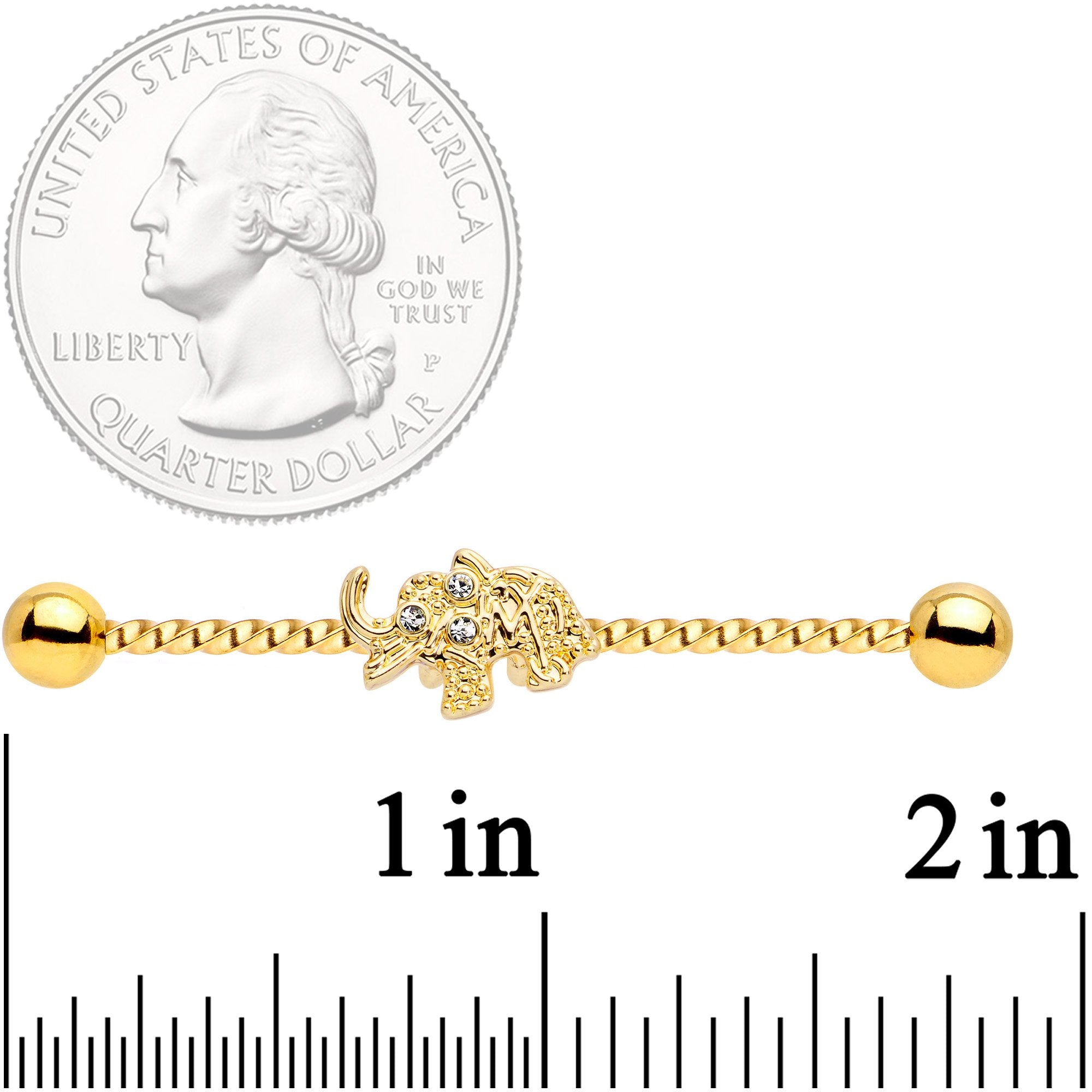 14G Clear Gem Gold Tone Elephant Industrial Barbell 38mm