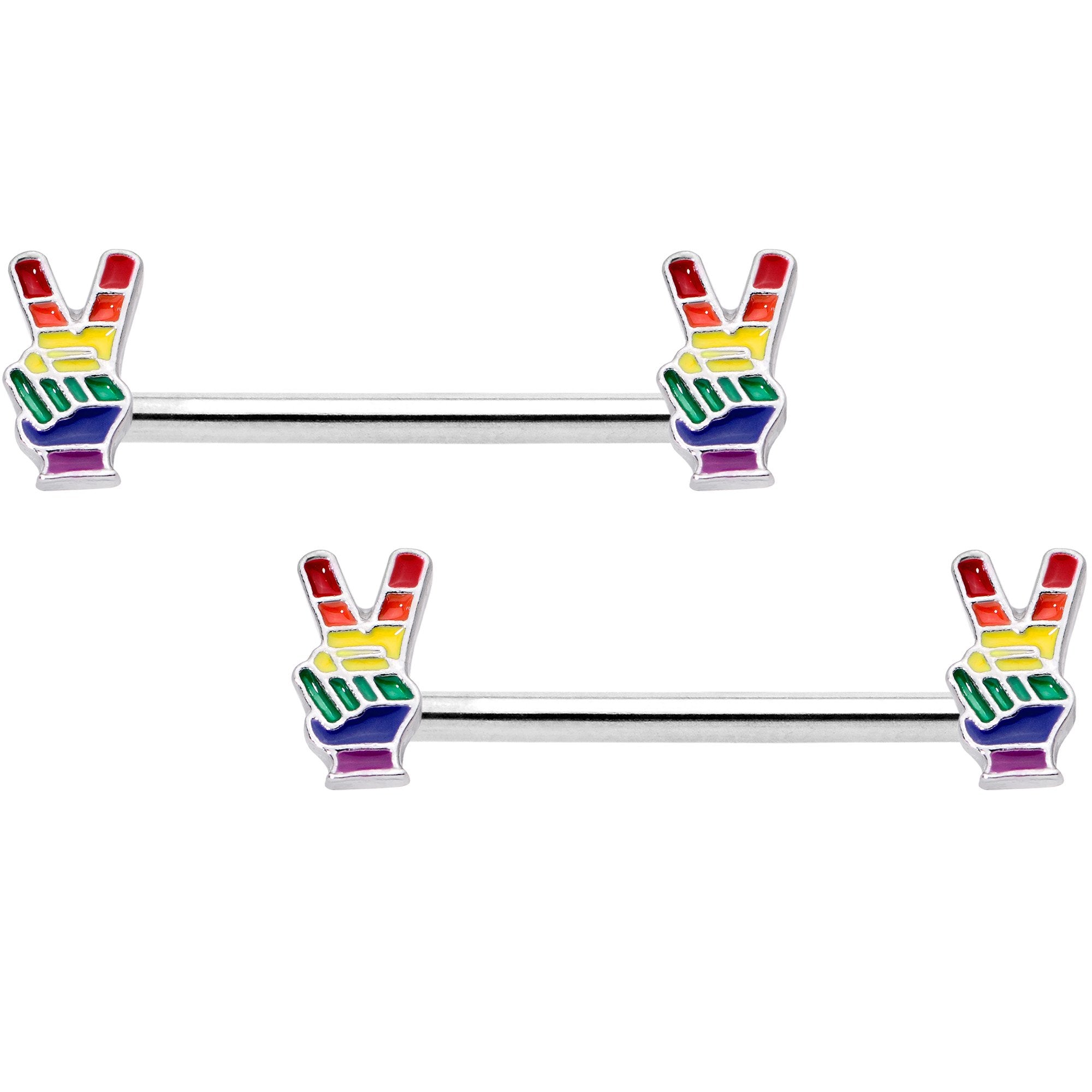 14G Pride Rainbow Peace Sign Barbell Nipple Ring Set