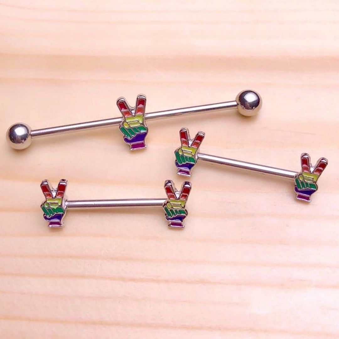 14G Pride Rainbow Peace Sign Barbell Nipple Ring Set