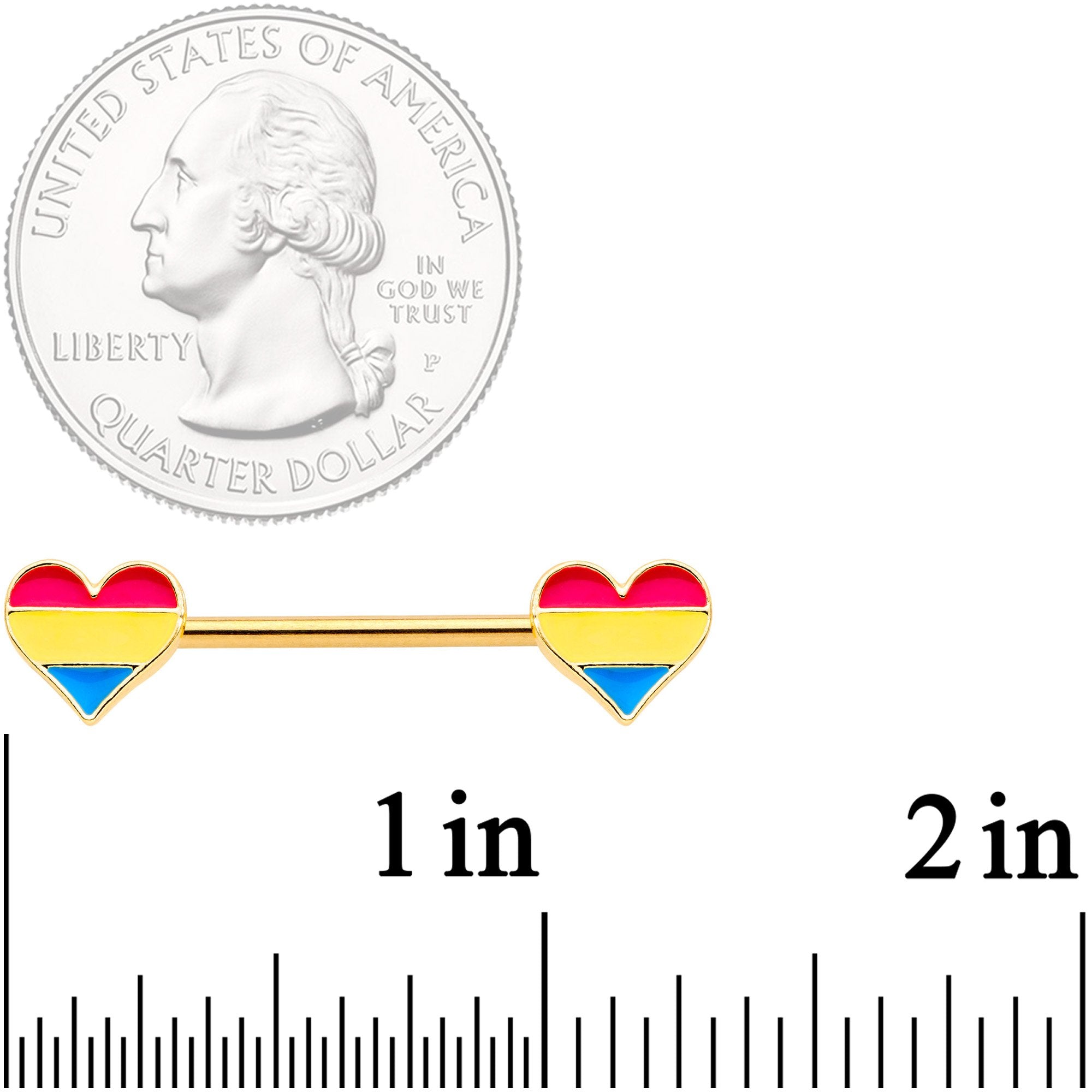 14G Pansexual Pride Gold Tone Heart Barbell Nipple Ring Set