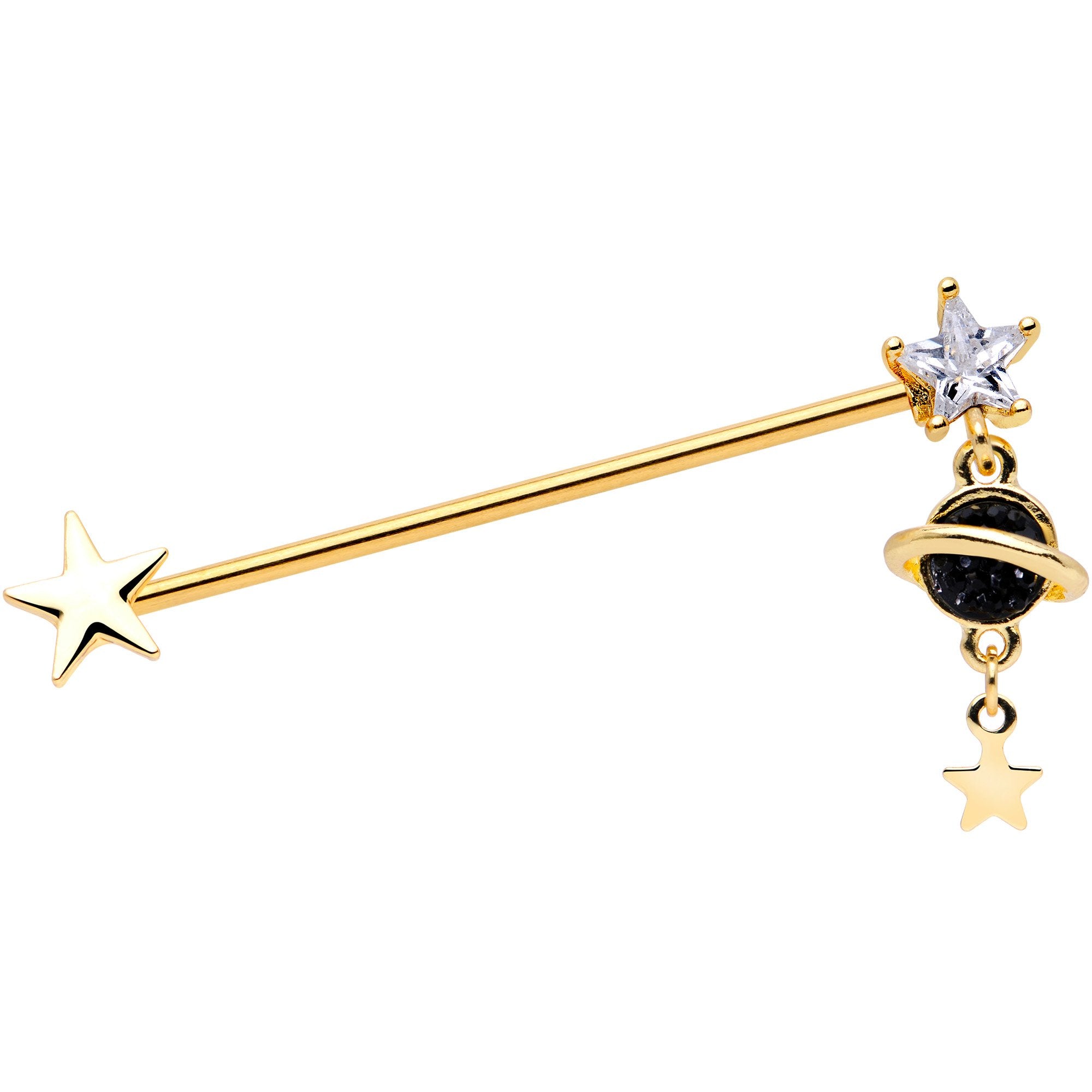 14G Clear CZ Gem Gold Tone Saturn Dangle Industrial Barbell 38mm