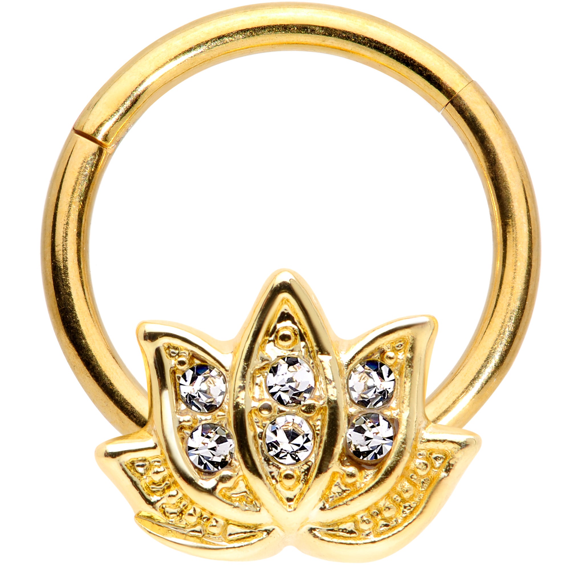 16G 3/8 Clear Gem Gold Tone Lotus Flower Hinged Segment Ring