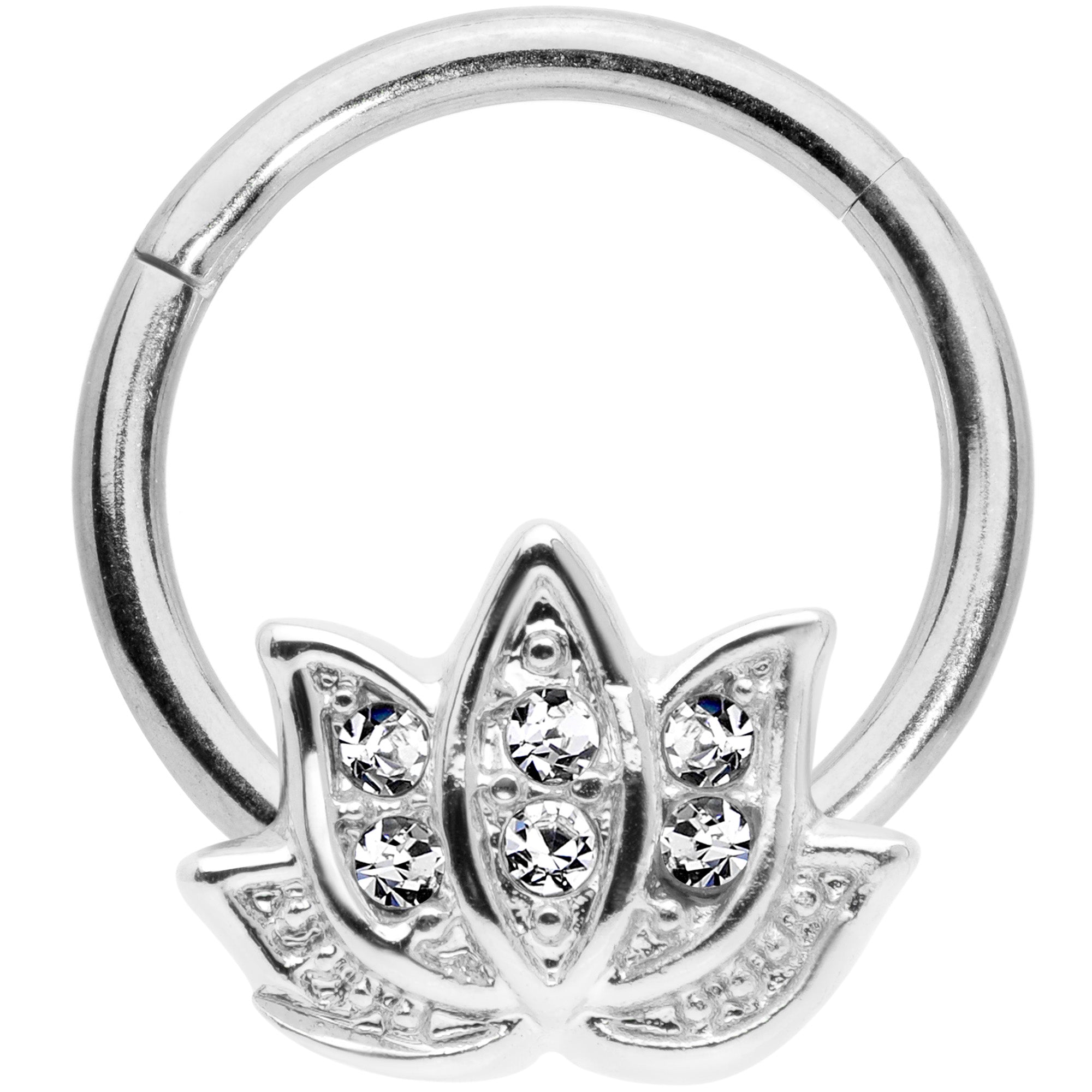 16G 3/8 Clear Gem Lotus Flower Hinged Segment Ring
