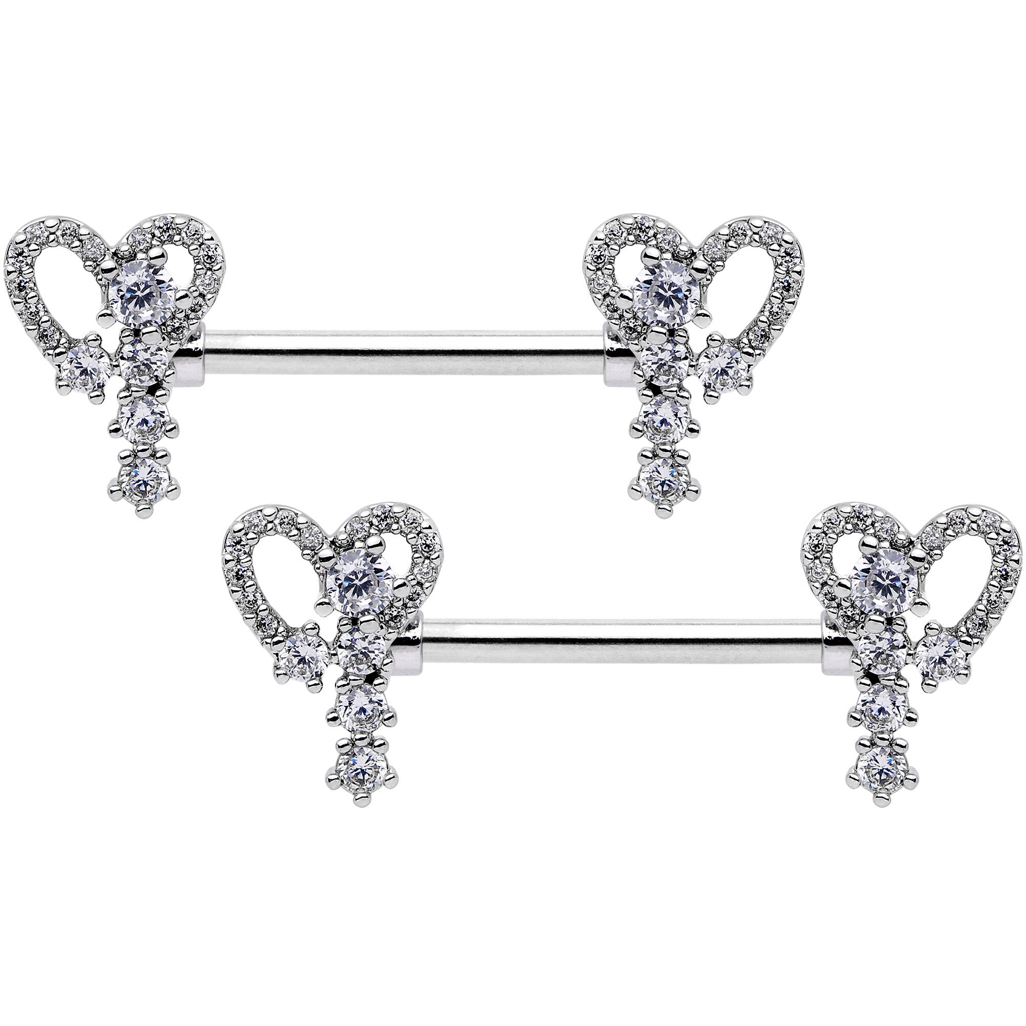 14G 9/16 Clear Gem Valentine Heart Barbell Nipple Ring Set