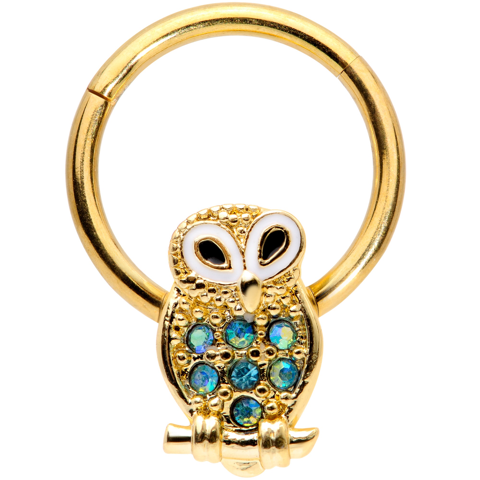 16G 3/8 Aqua Gem Gold Tone Barn Owl Hinged Segment Ring