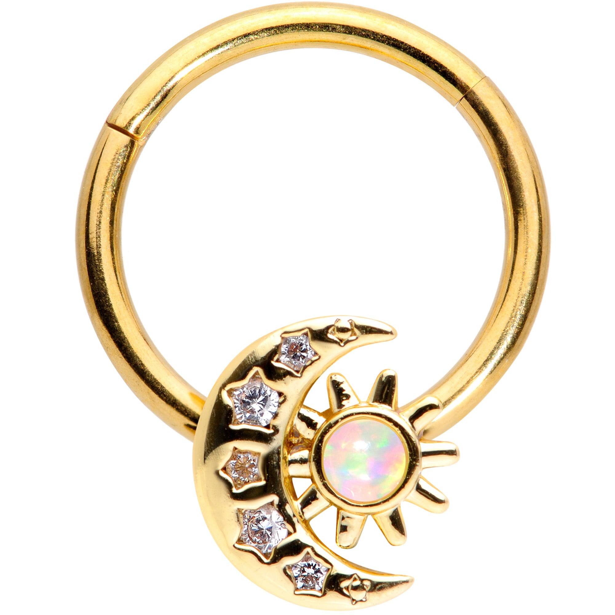 16G 3/8 White Synthetic Opal Gold Tone Moon Hinged Segment Ring