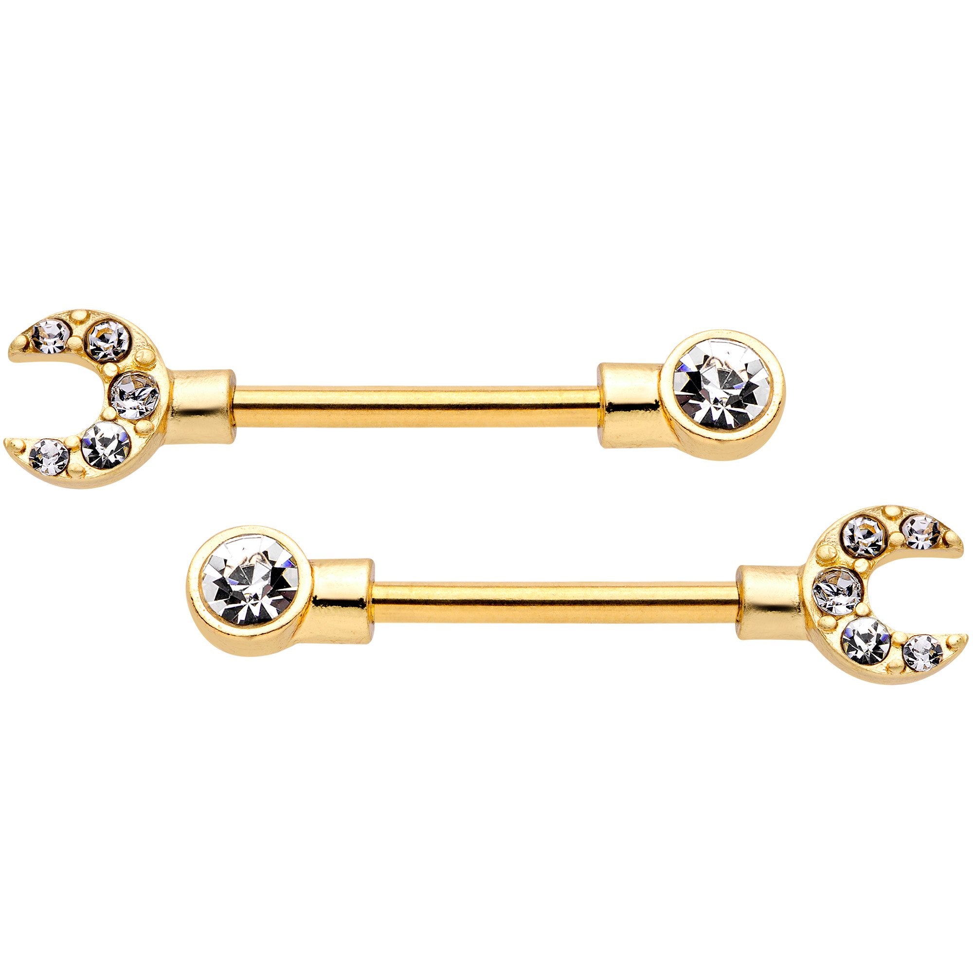 14G Clear CZ Gem Gold Tone Crescent Wrench Barbell Nipple Ring Set