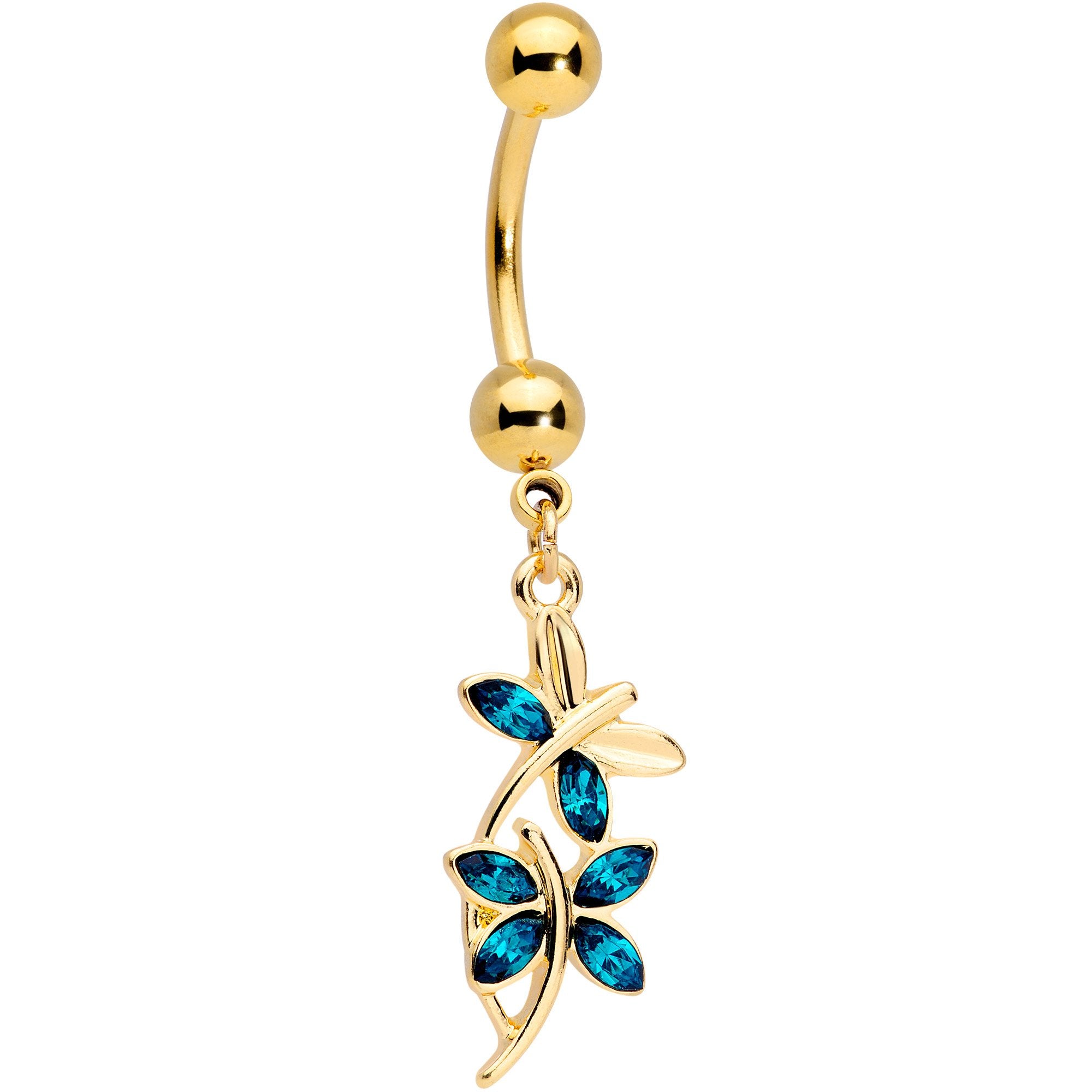 Aqua Gem Gold Tone Dangling Dragonflies Dangle Belly Ring