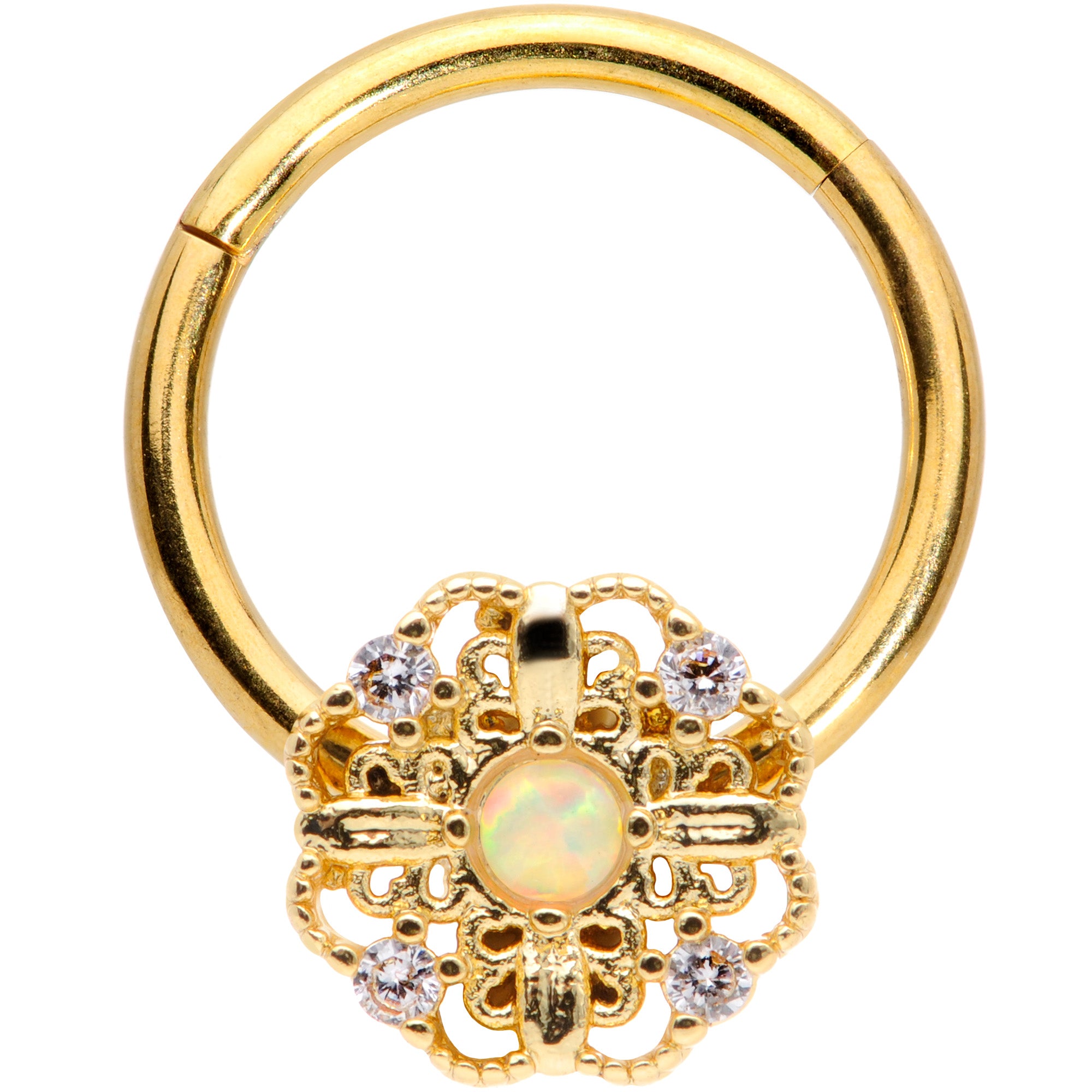 16G 3/8 White Synthetic Opal Gold Tone Flower Hinged Segment Ring
