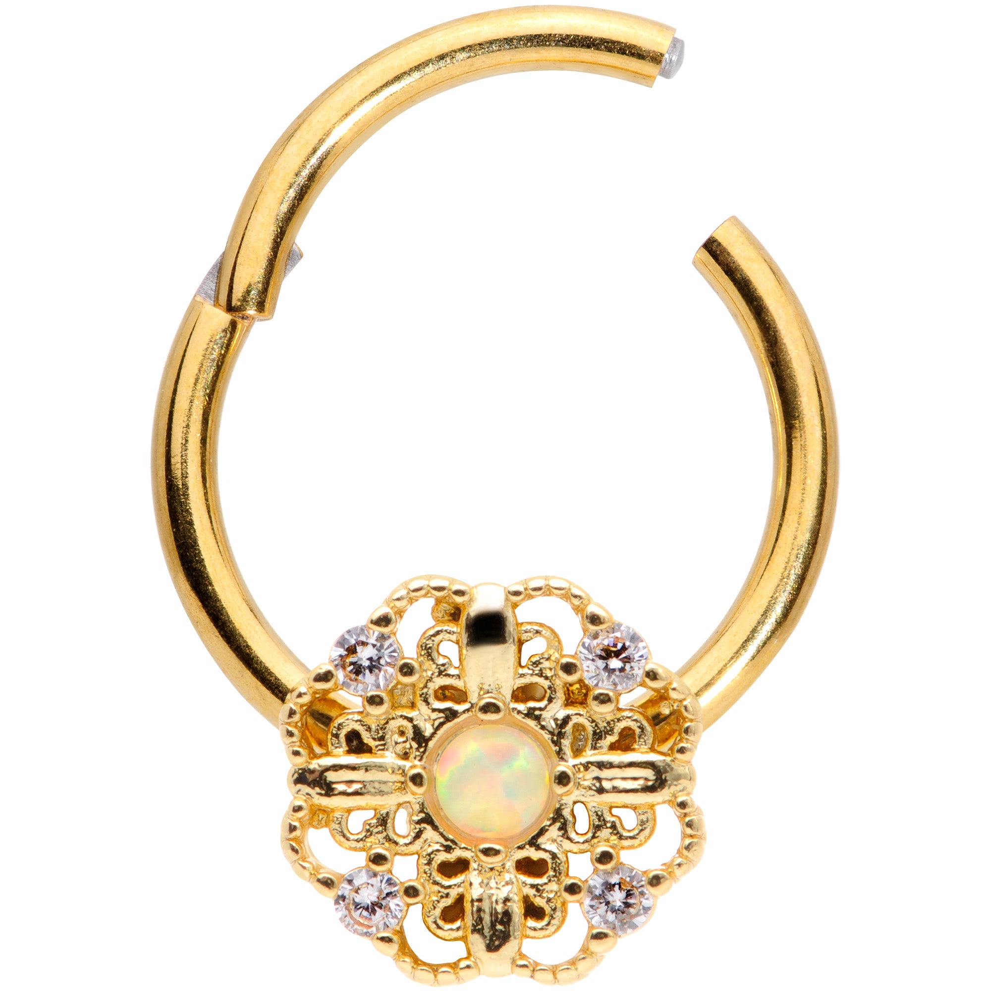 16G 3/8 White Synthetic Opal Gold Tone Flower Hinged Segment Ring