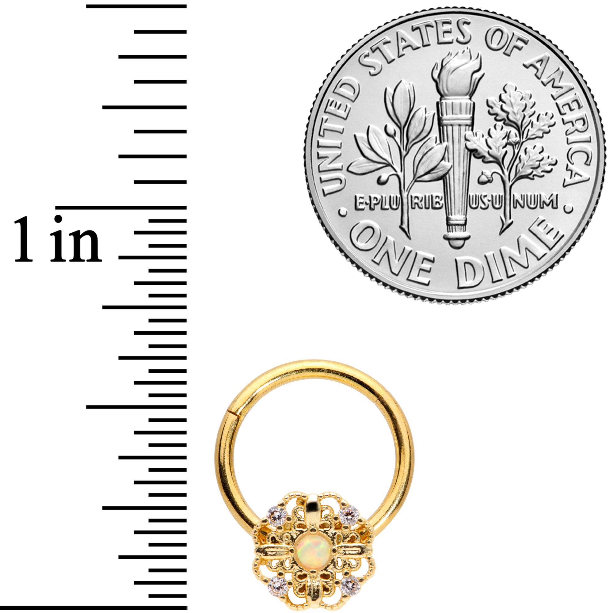 16G 3/8 White Synthetic Opal Gold Tone Flower Hinged Segment Ring