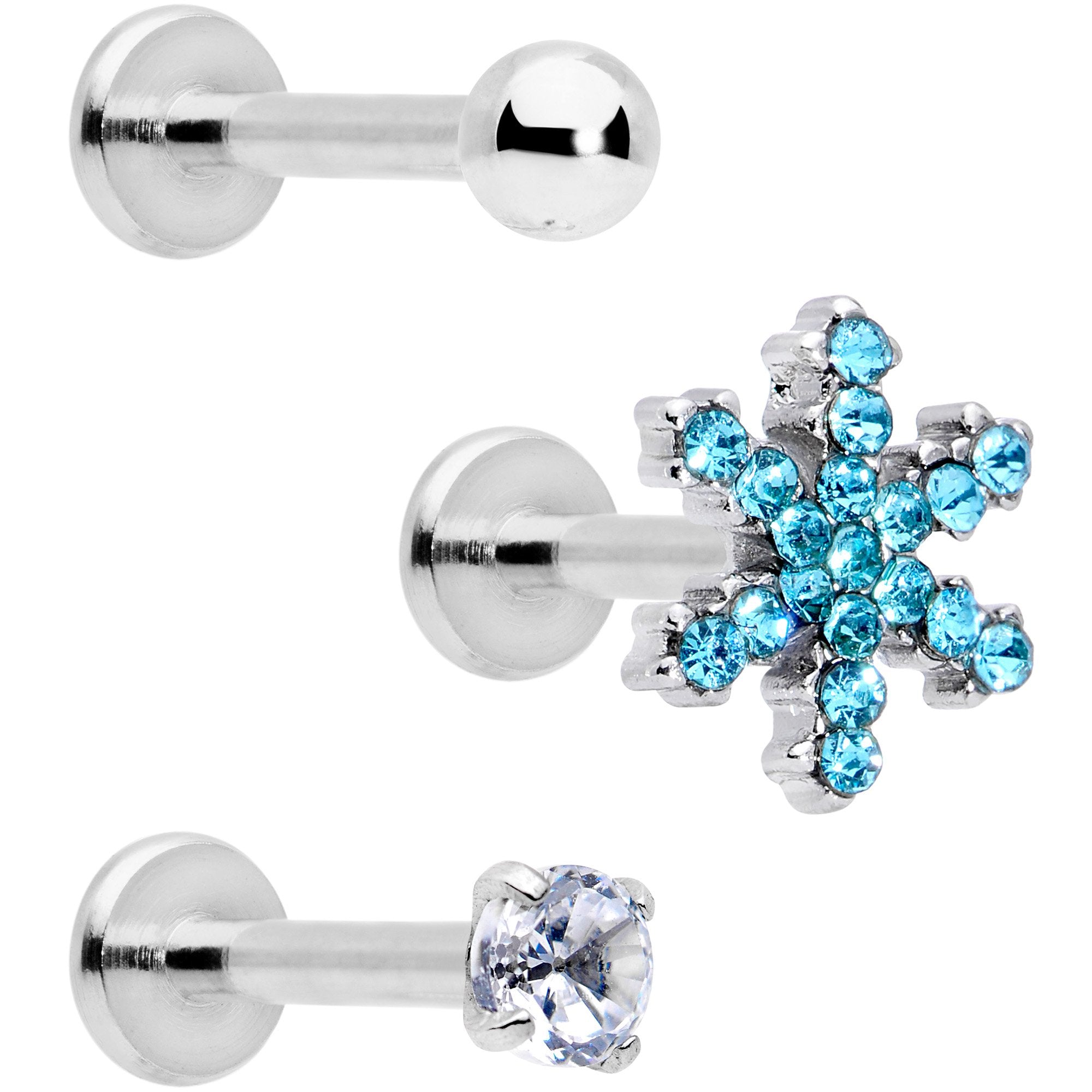 16G 5/16 Blue CZ Gem Snowflake Internally Threaded Labret Set