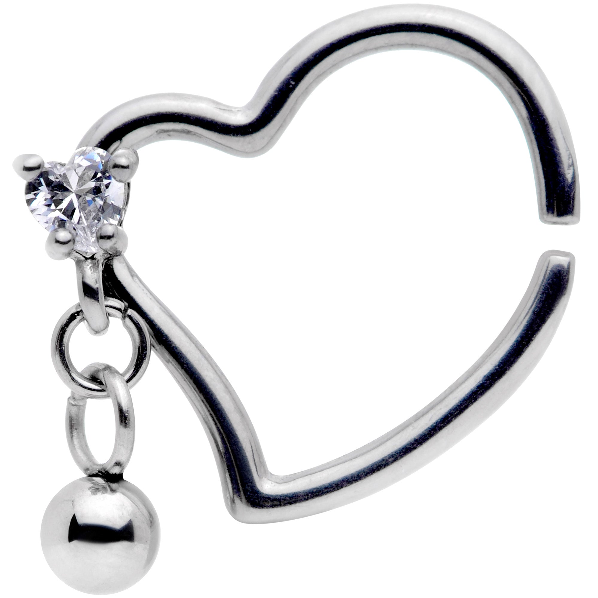 16G 3/8 Clear CZ Gem Funky Heart Right Dangle Closure Ring