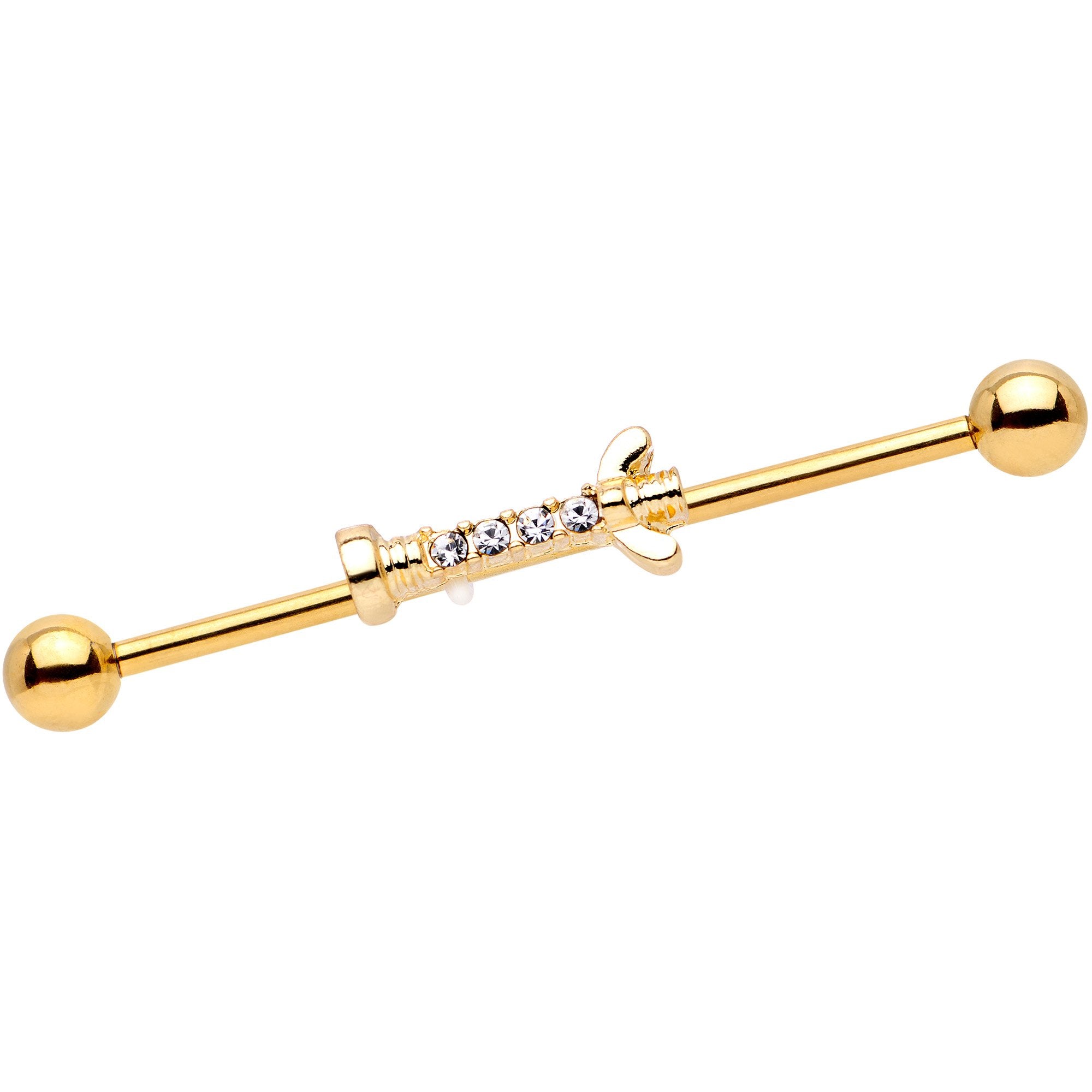 14G Clear CZ Gem Gold Tone Wing Nut Industrial Barbell 38mm