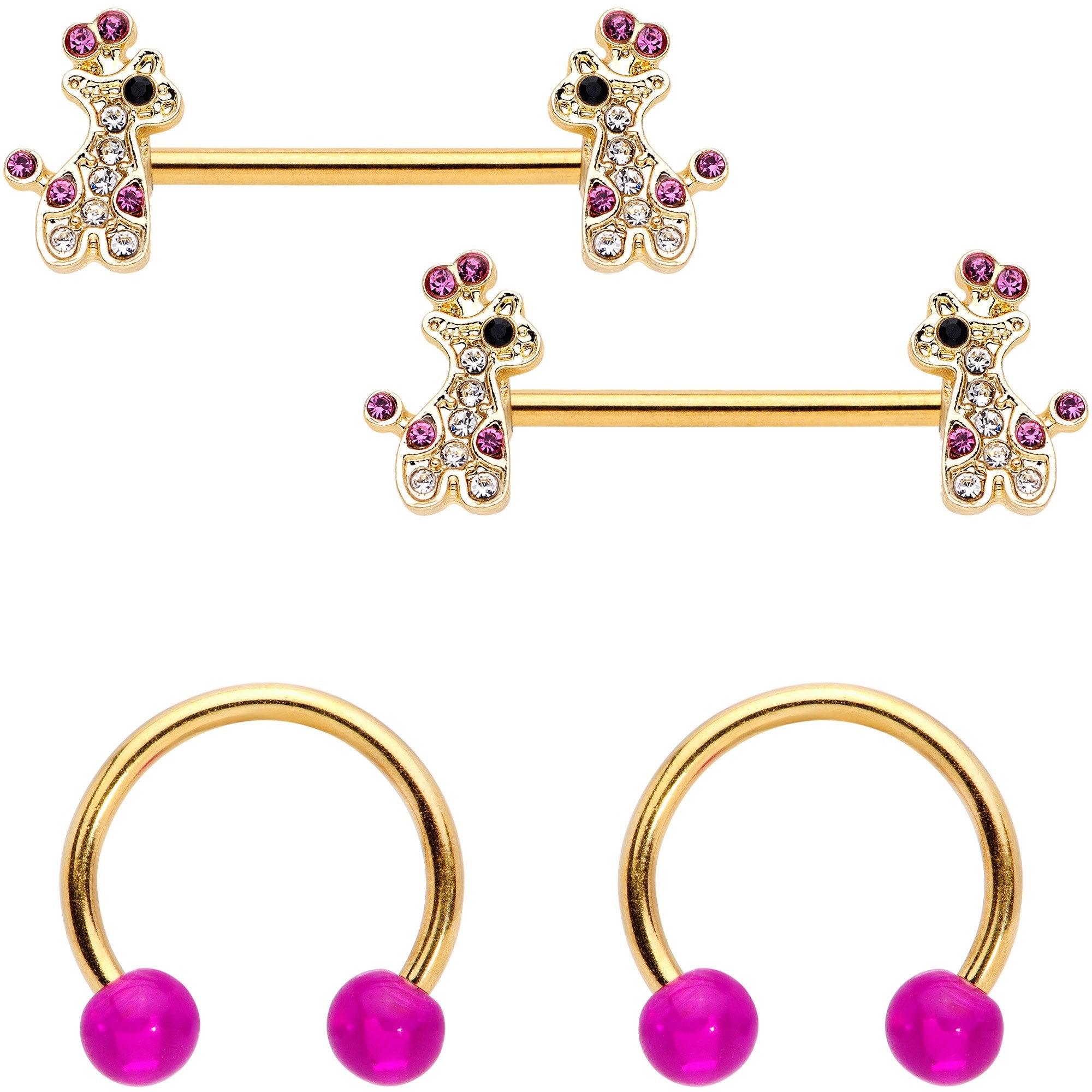 14G Clear Pink Gem Giraffe Gold Tone UV Horseshoe Nipple Ring Set