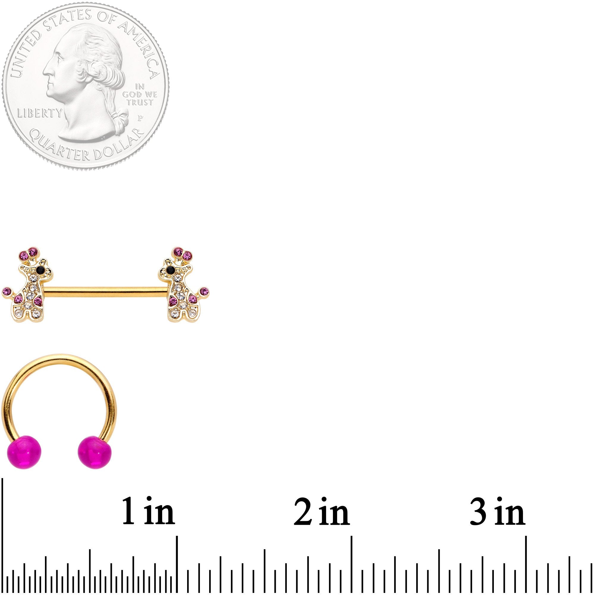 14G Clear Pink Gem Giraffe Gold Tone UV Horseshoe Nipple Ring Set