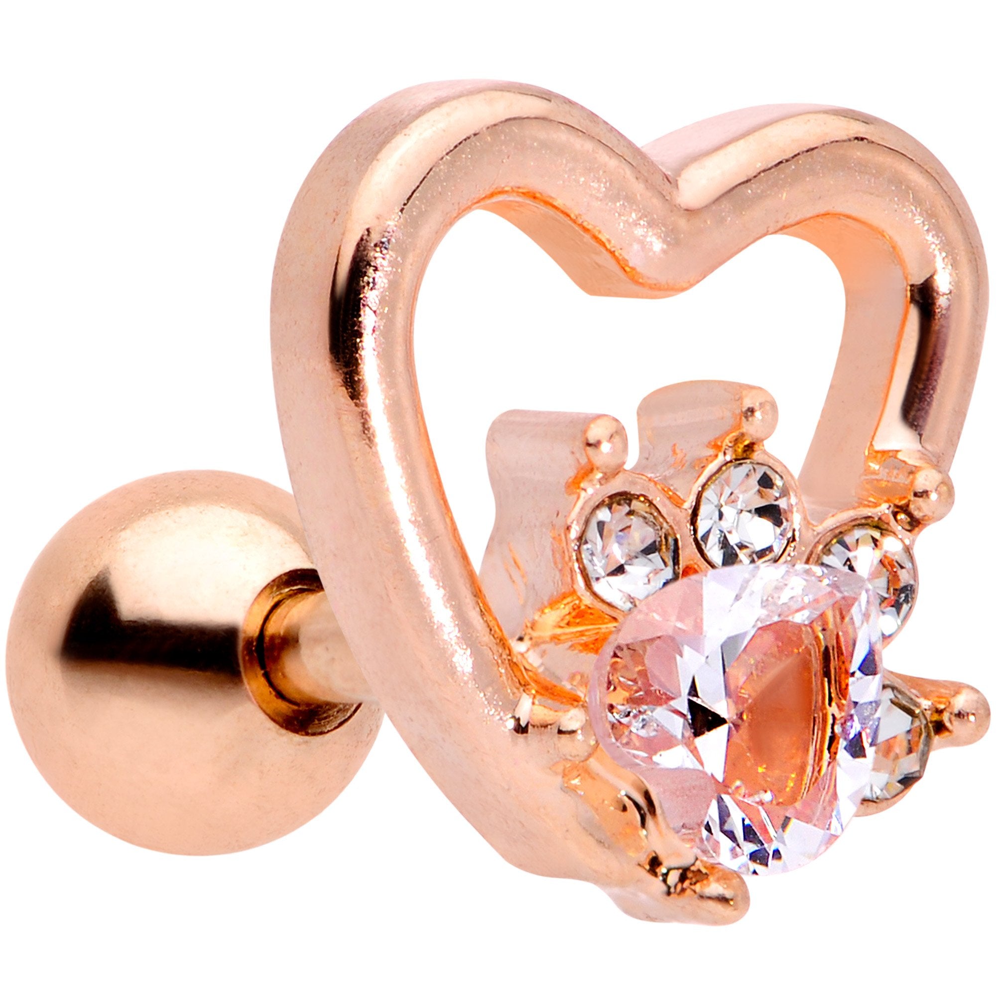 16G 1/4 Clear Gem Rose Gold Tone Hollow Heart Cartilage Tragus
