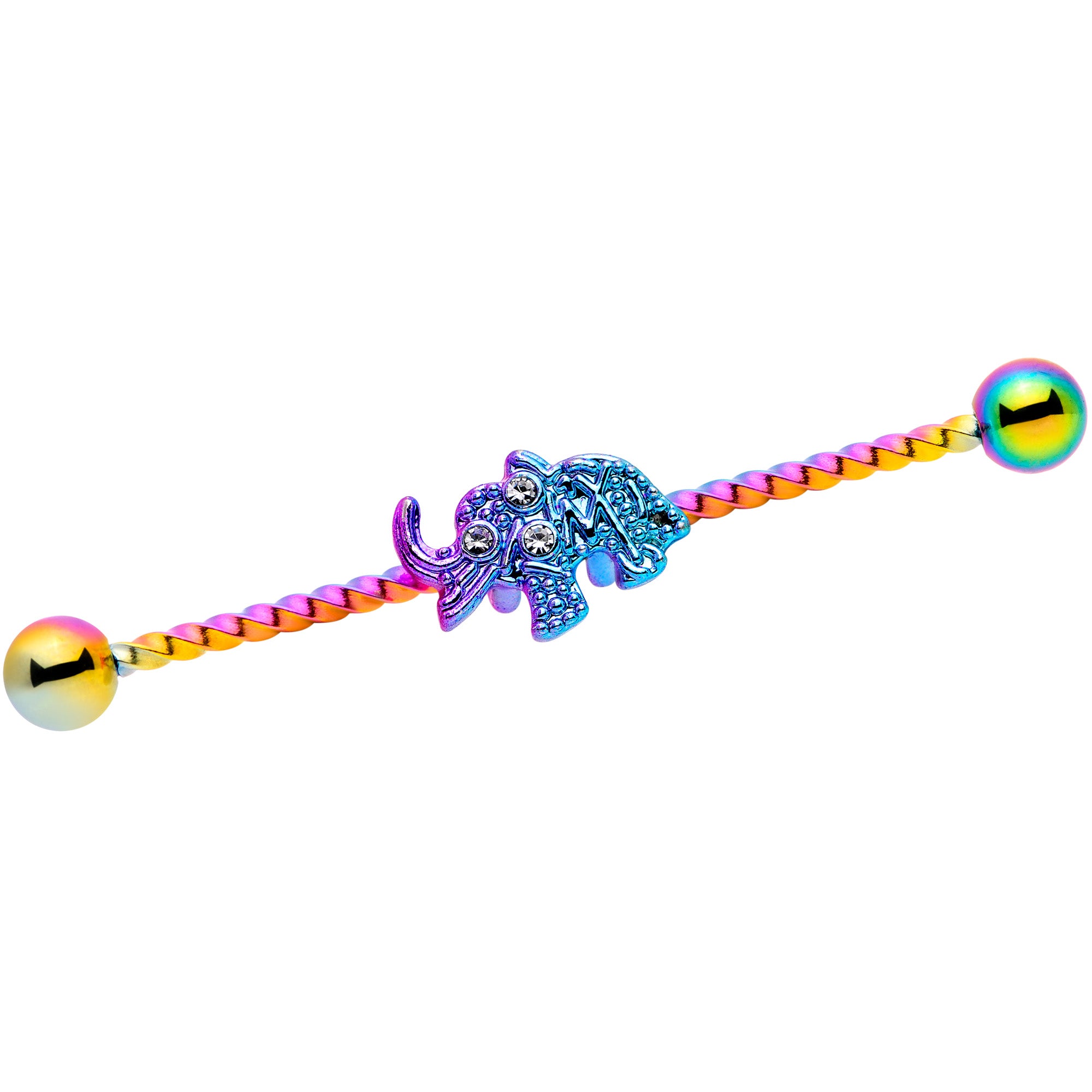 14G Clear Gem Rainbow Elephant Twisted Industrial Barbell 38mm