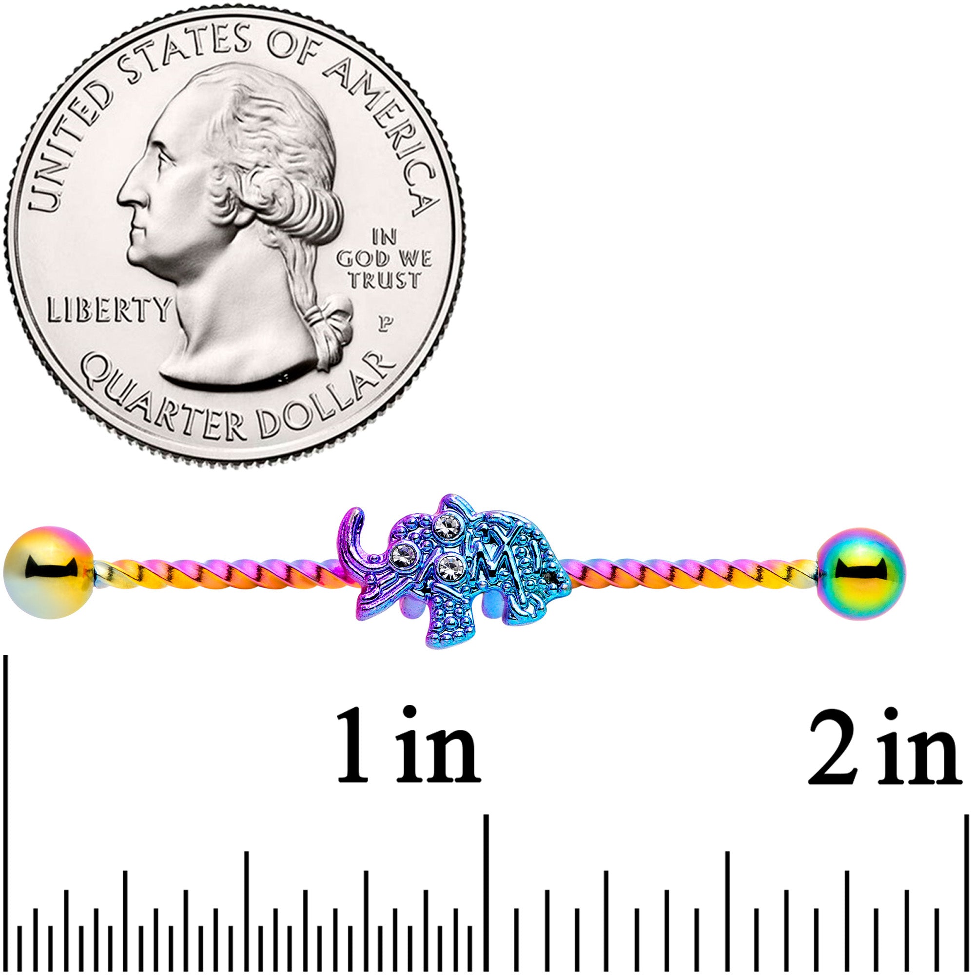 14G Clear Gem Rainbow Elephant Twisted Industrial Barbell 38mm