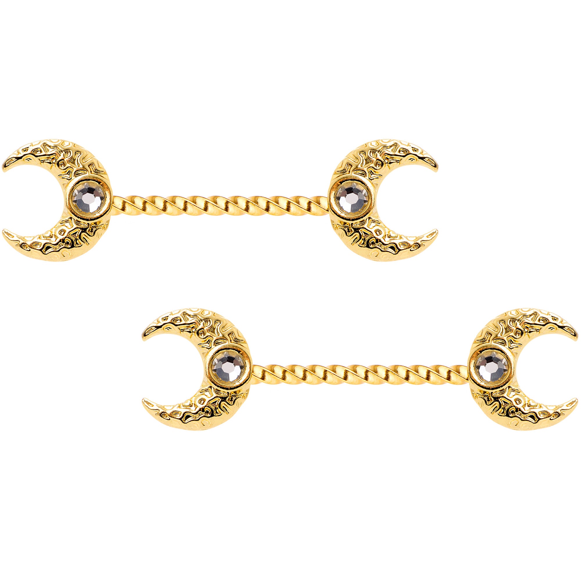 14G Clear Gem Gold Tone Witch Moon Barbell Nipple Ring Set