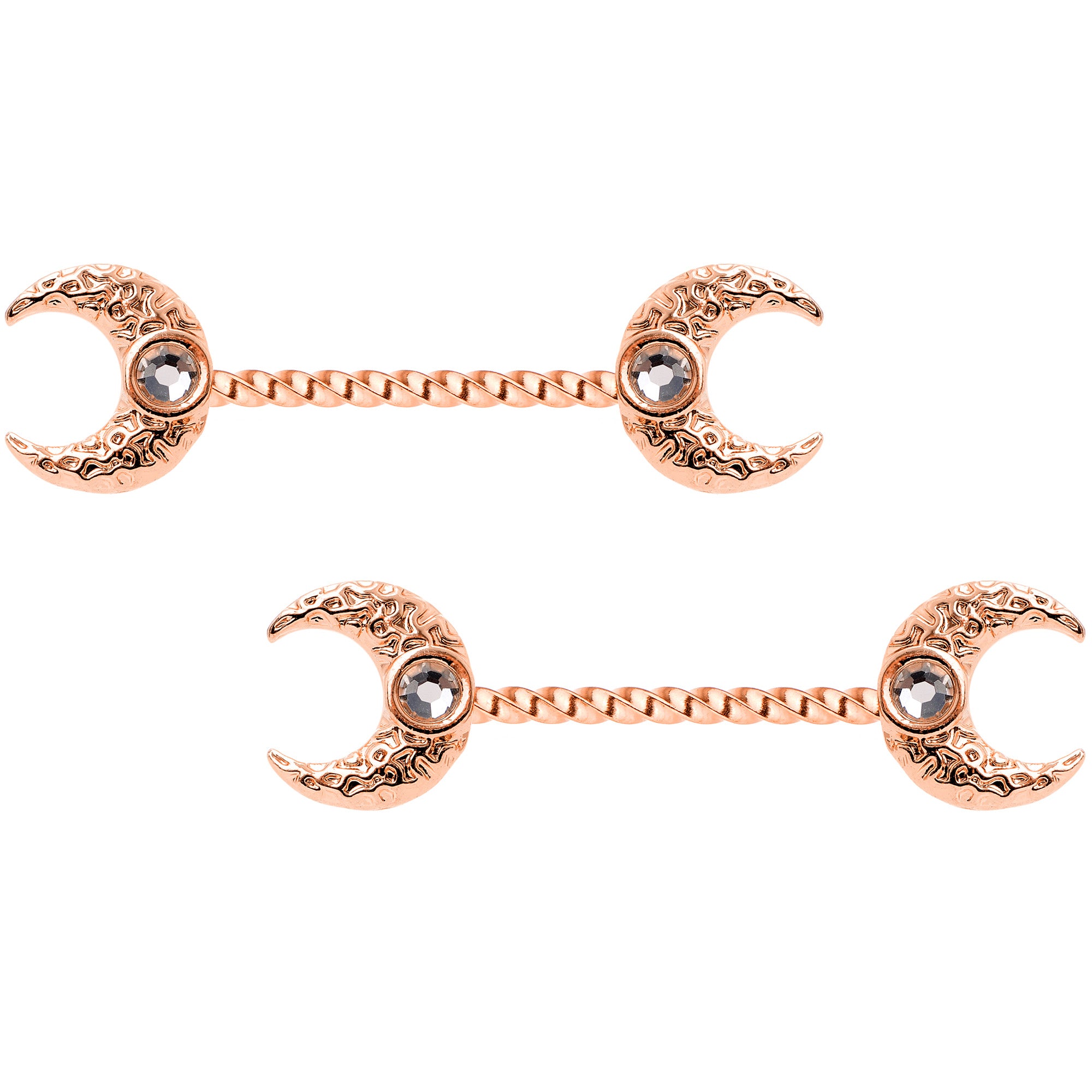 14G Clear Gem Rose Gold Tone Witch Moon Barbell Nipple Ring Set