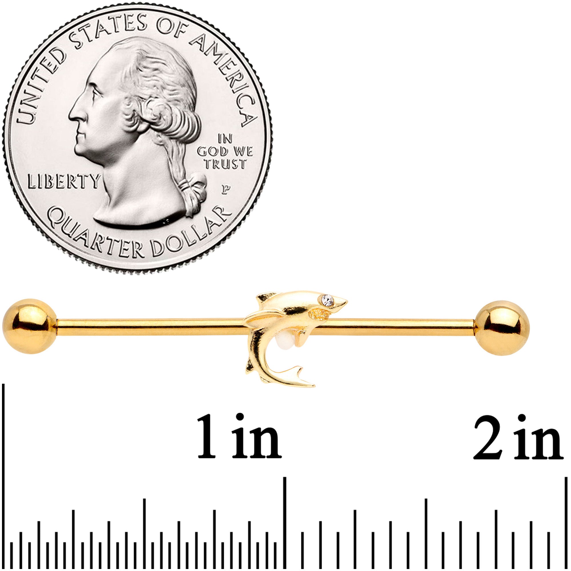 14G Clear Gem Gold Tone Toothy Shark Industrial Barbell 38mm