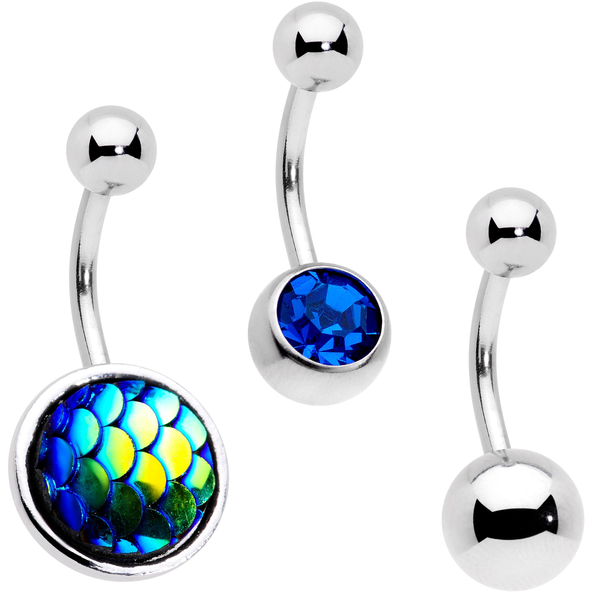 Blue Gem Blue Green Mermaid Scale Belly Ring Set of 3