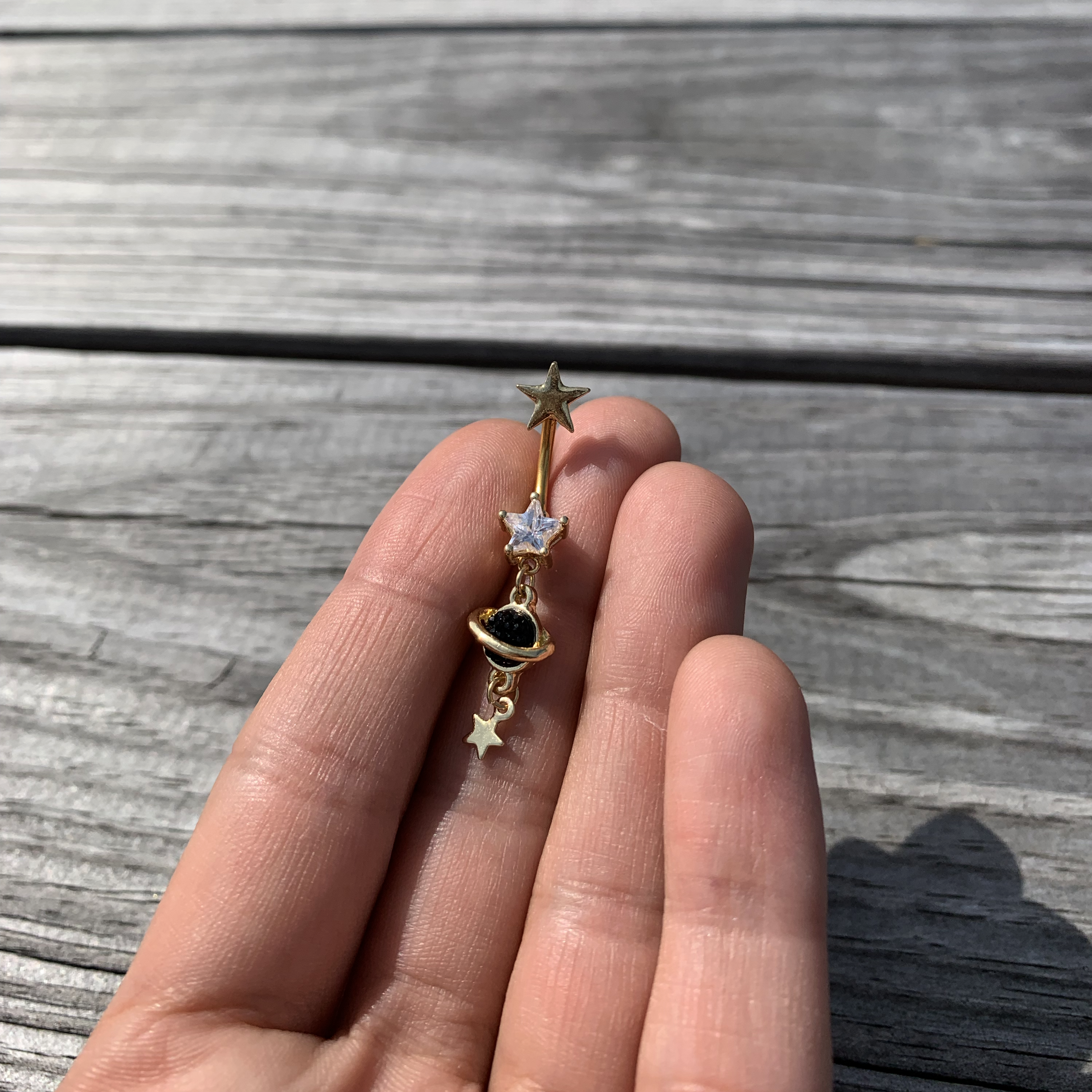 Clear CZ Gem Gold Tone Saturn Stars Dangle Belly Ring