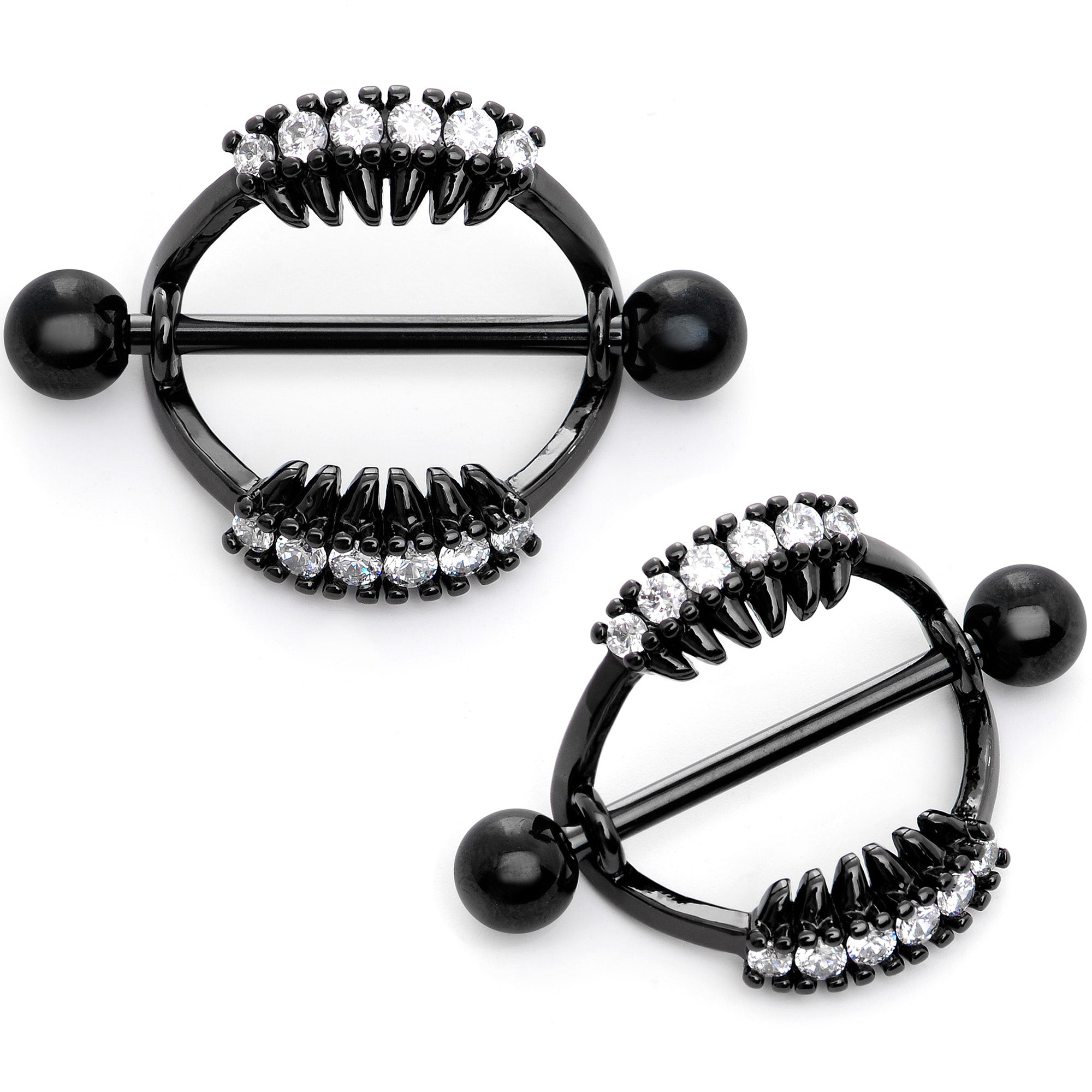 14G 9/16 Clear CZ Gem Black Scary Fang Halloween Nipple Shield Set