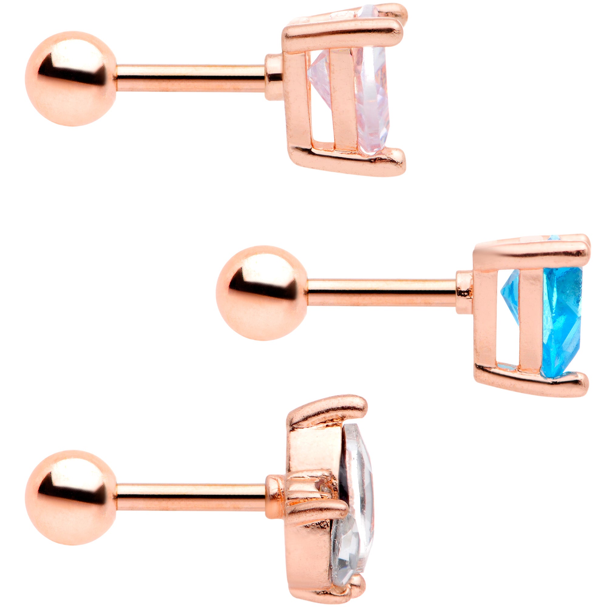 16G 1/4 Blue CZ Gem Rose Gold Tone Cartilage Tragus Set of 3