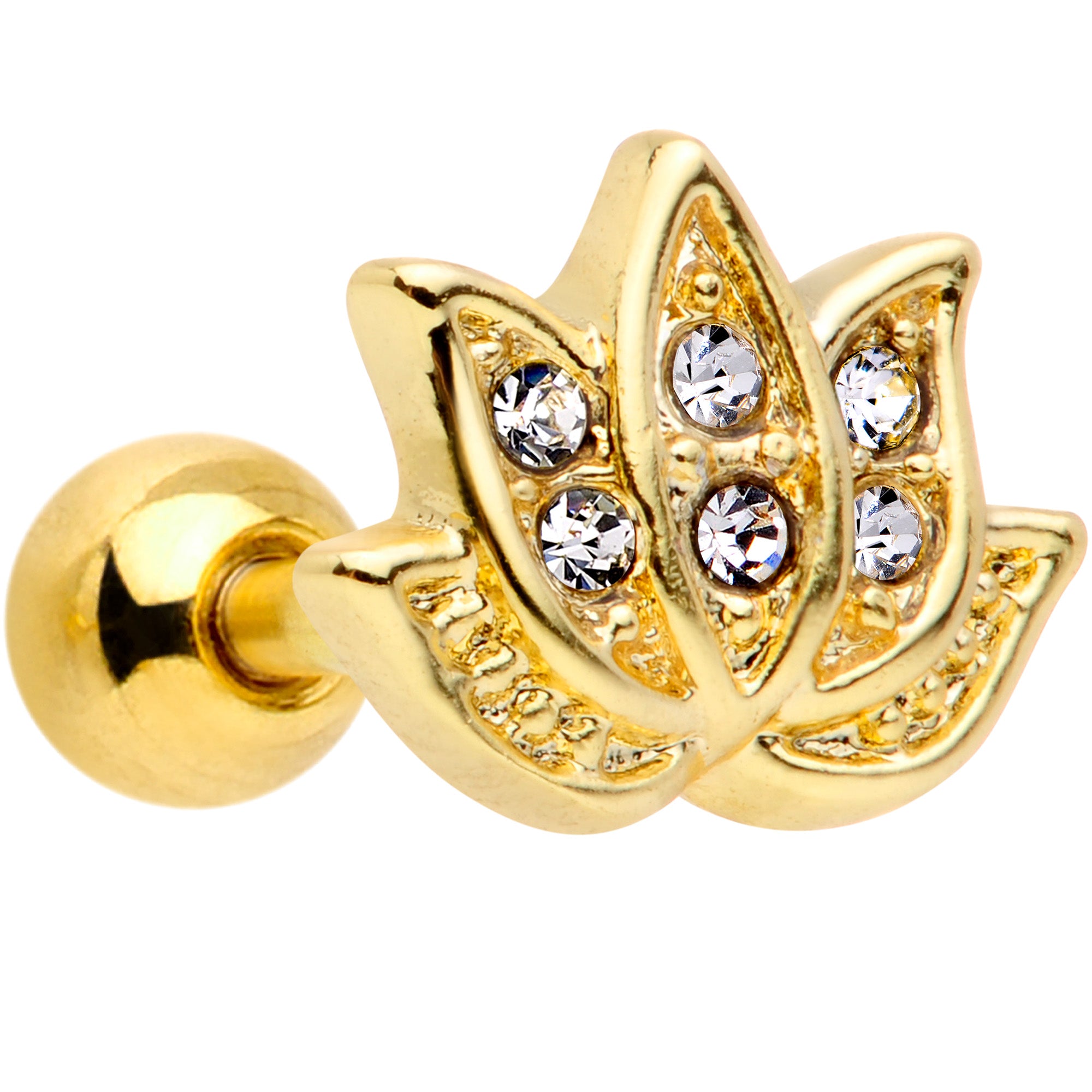 16G 1/4 Clear Gem Gold Tone Lotus Flower Cartilage Tragus Earring