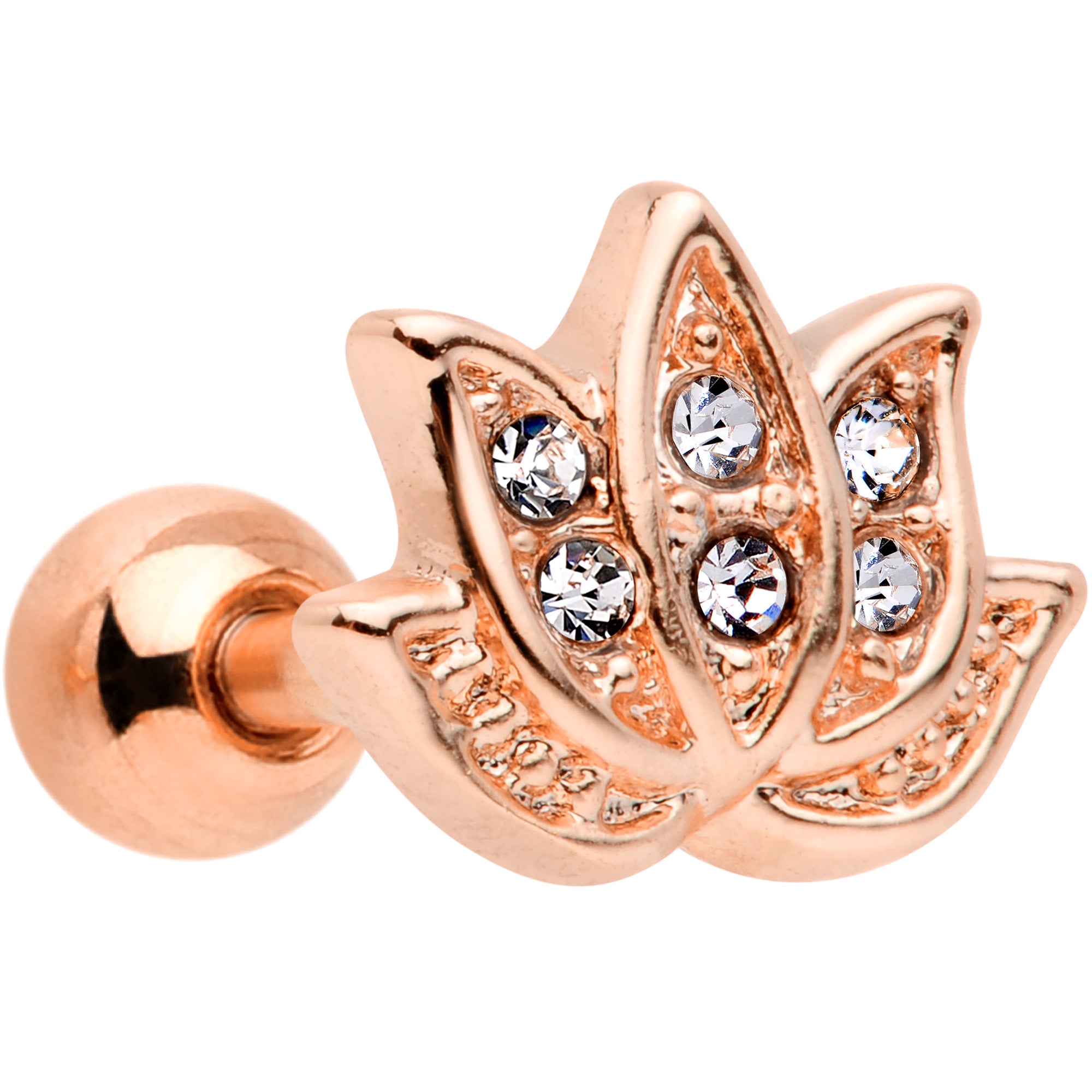 16G 1/4 Clear Gem Rose Gold Tone Lotus Flower Cartilage Tragus Earring