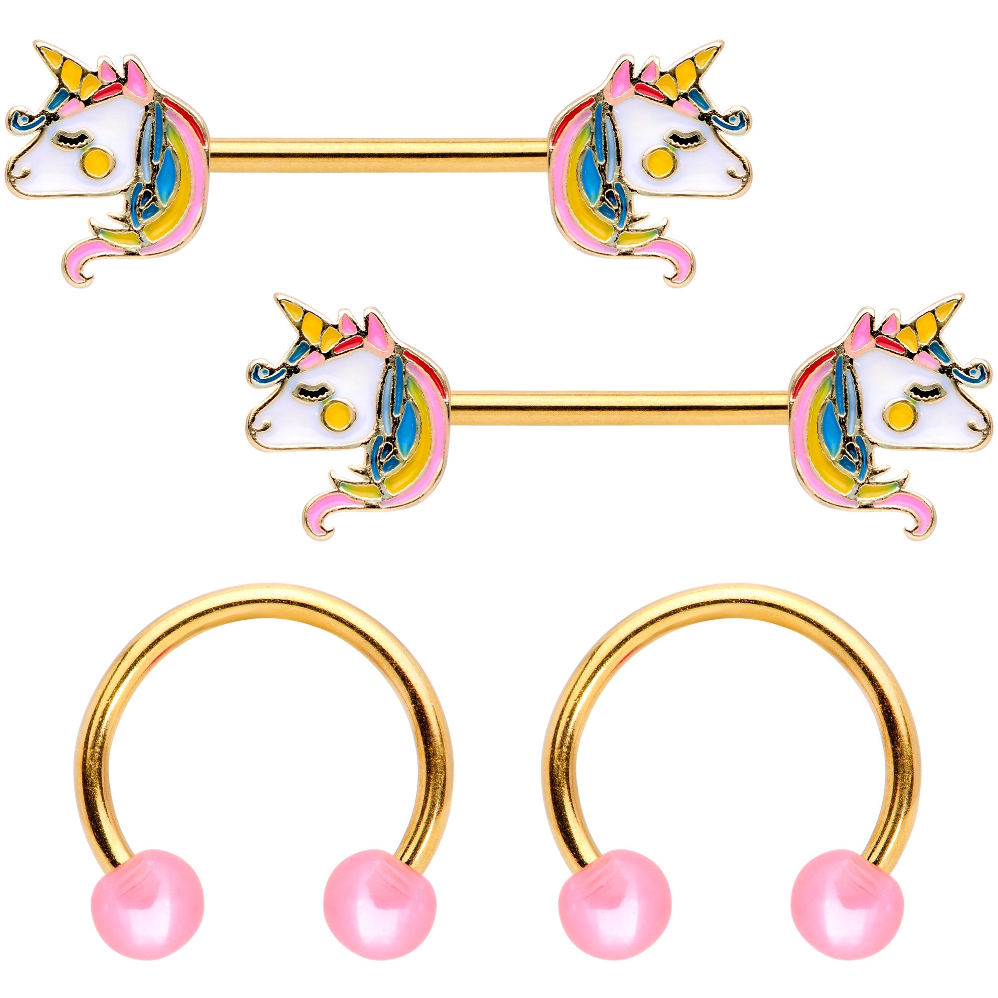14G Gold Tone Unicorn UV Horseshoe Barbell Nipple Ring Set of 4