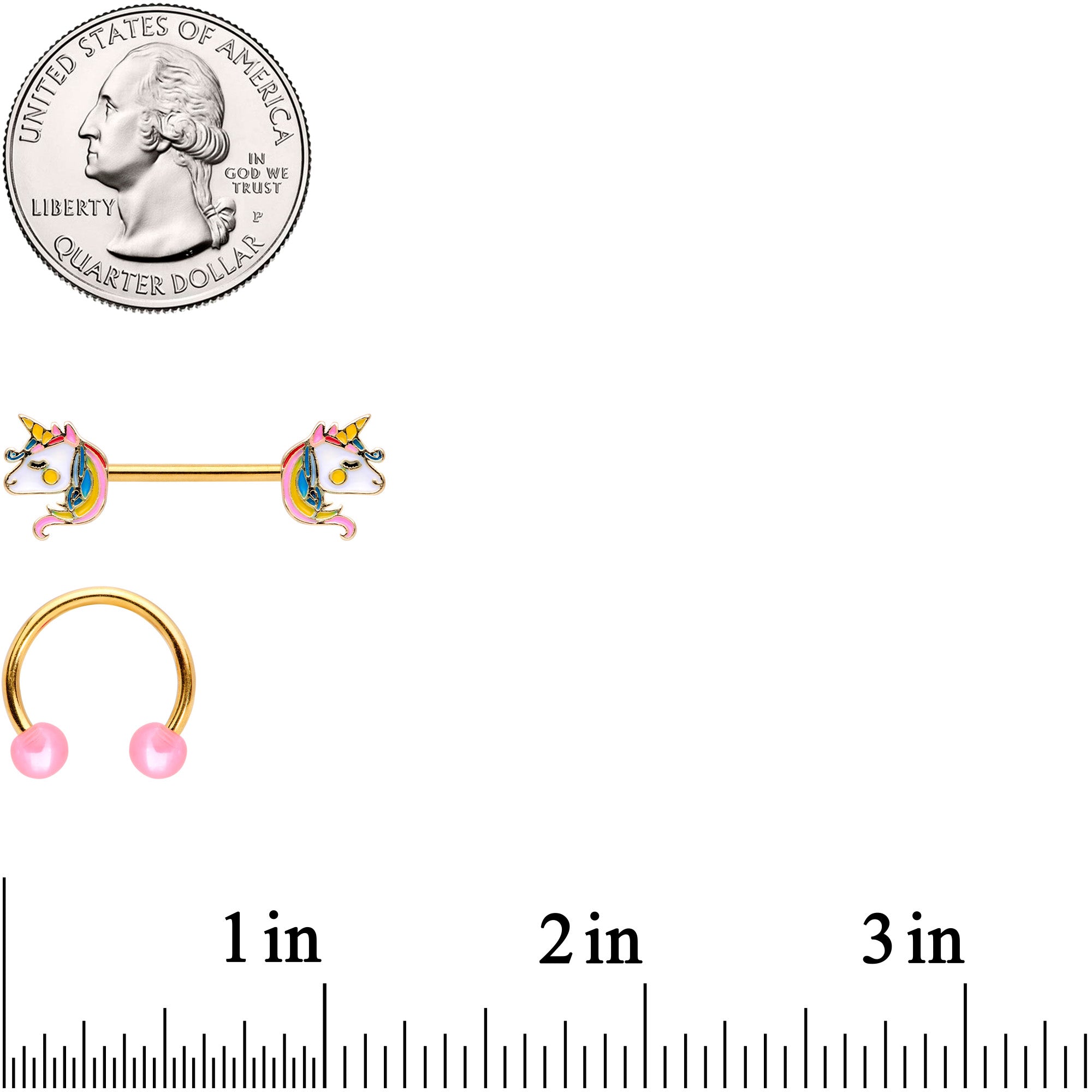 14G Gold Tone Unicorn UV Horseshoe Barbell Nipple Ring Set of 4