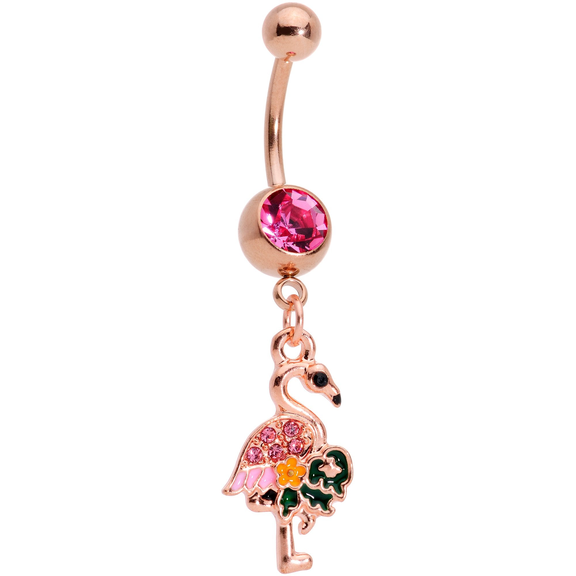 Pink Gem Rose Gold Tone Florida Pink Flamingo Bird Dangle Belly Ring