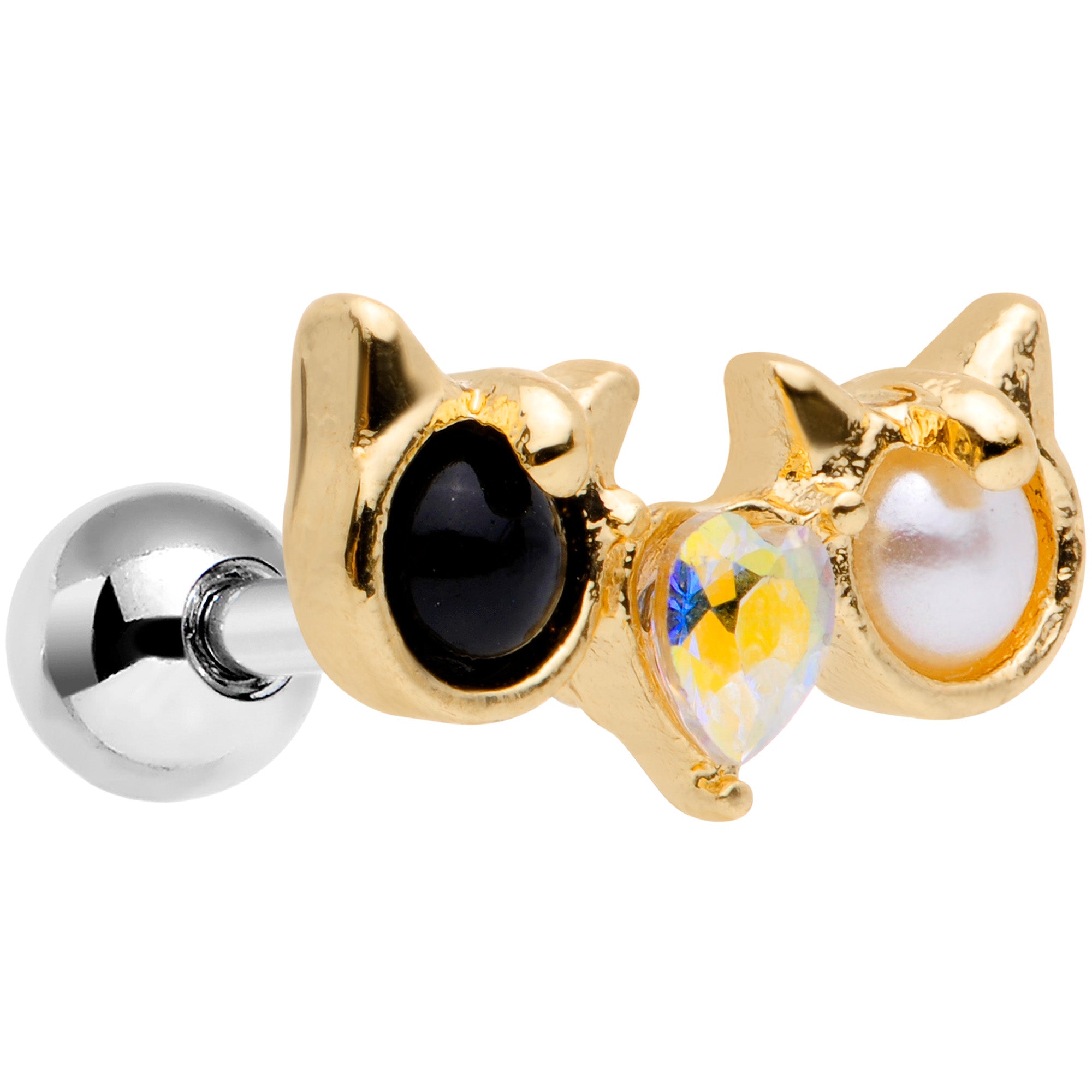 16G 1/4 Black White CZ Gem Gold Tone Kitty Cat Luv Cartilage Tragus
