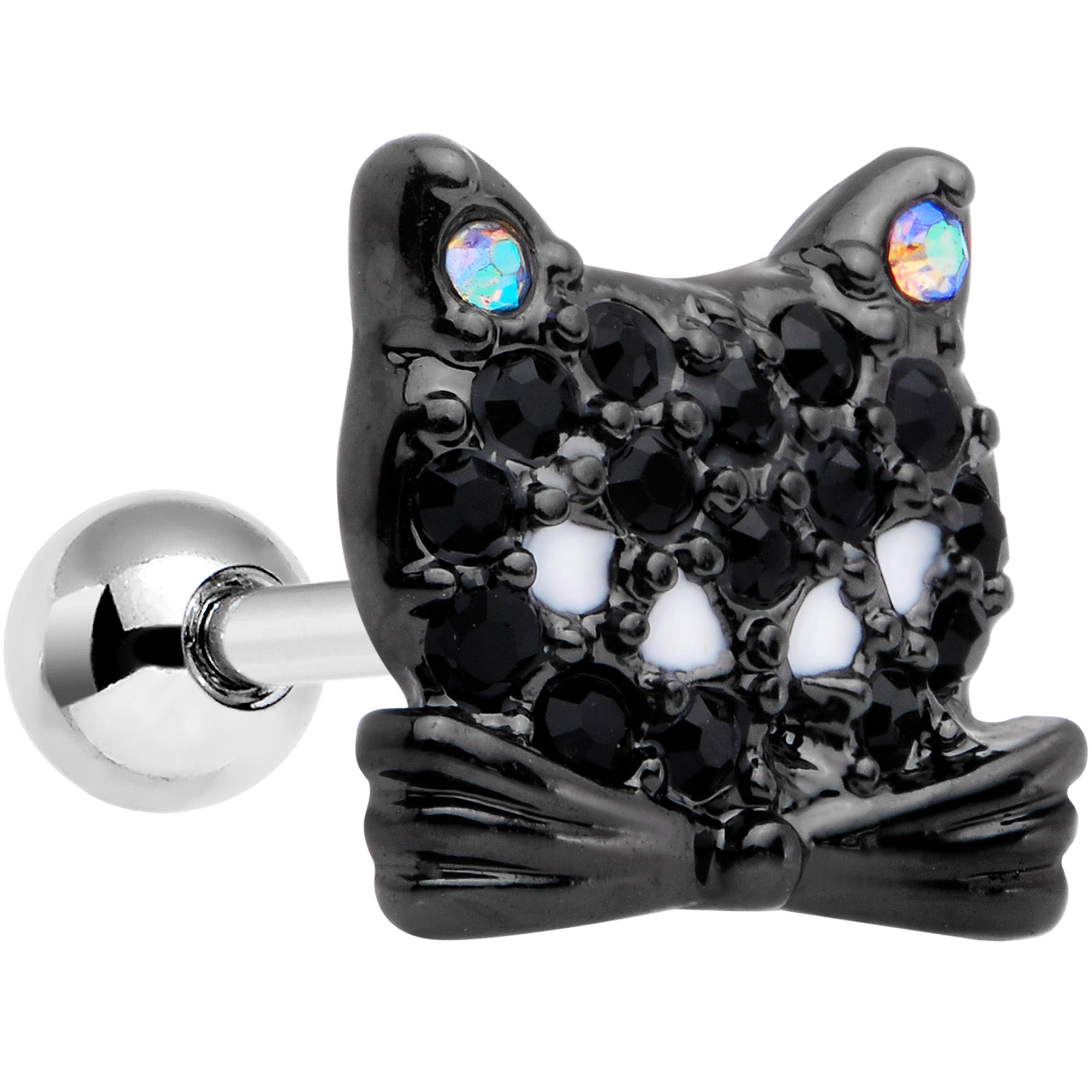 16G 1/4 Black Aurora Gem Crafty Kitty Cat Cartilage Tragus Earring