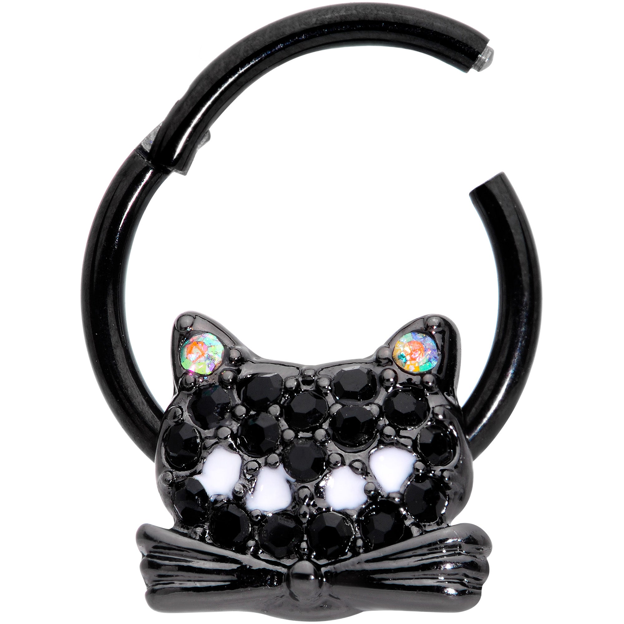 16G 3/8 Black Aurora Gem Black Cat Hinged Segment Ring