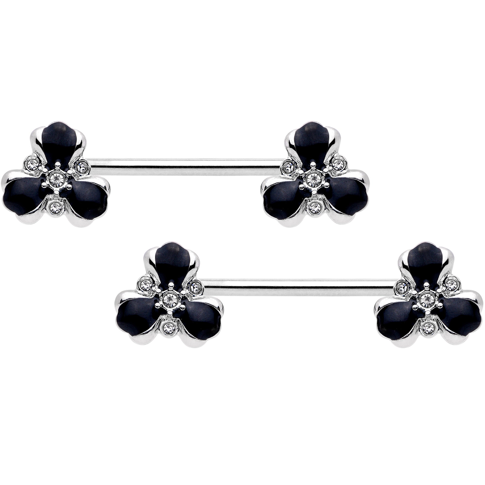 14G 9/16 Clear Black Gem Abstract Flower Barbell Nipple Ring Set